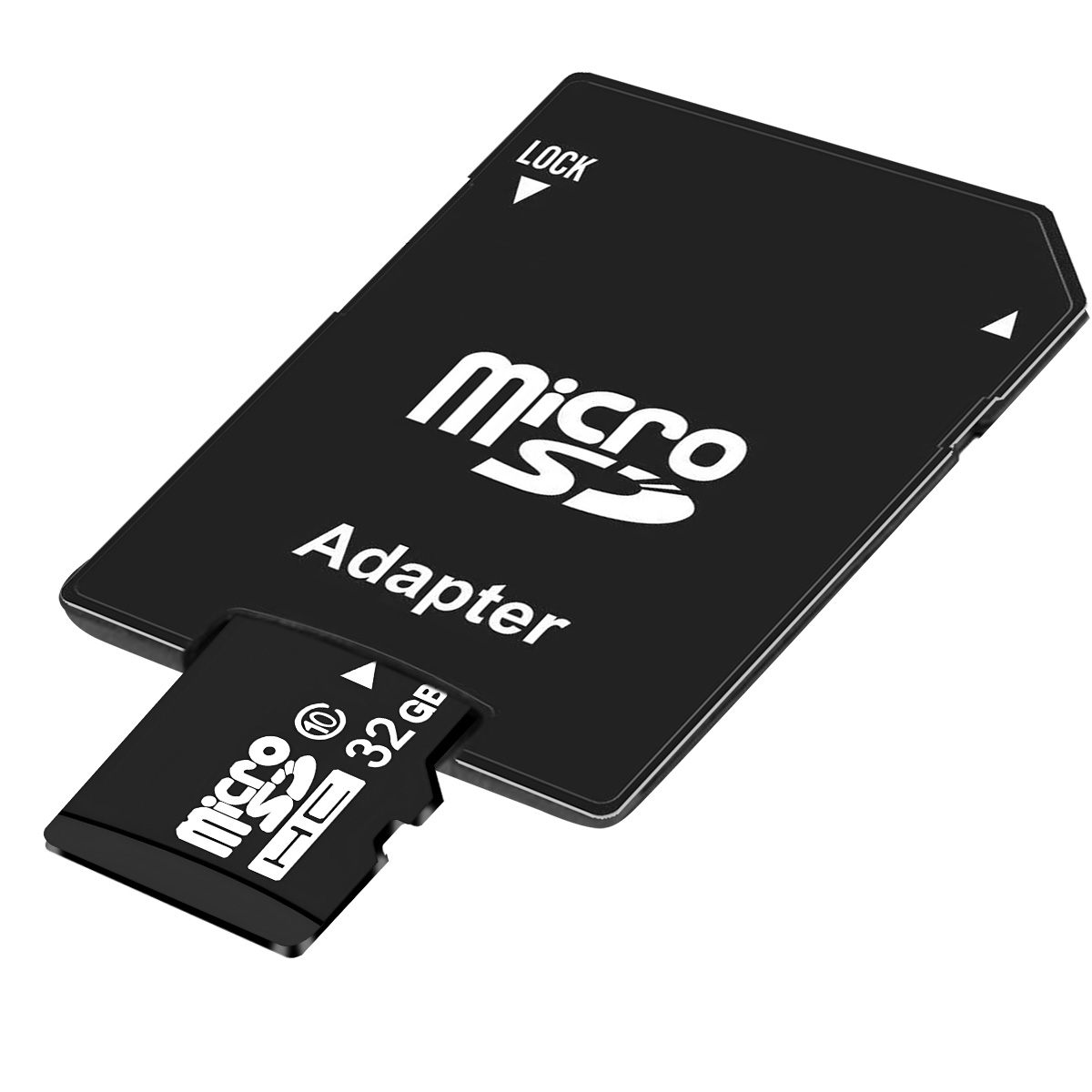 Schwarzer Micro-SD-Kartenadapter und eine Micro-SD-Karte. Der Adapter trägt die Aufschrift 'micro SD Adapter' und hat ein Schlosssymbol. Die Karte ist 32 GB groß.