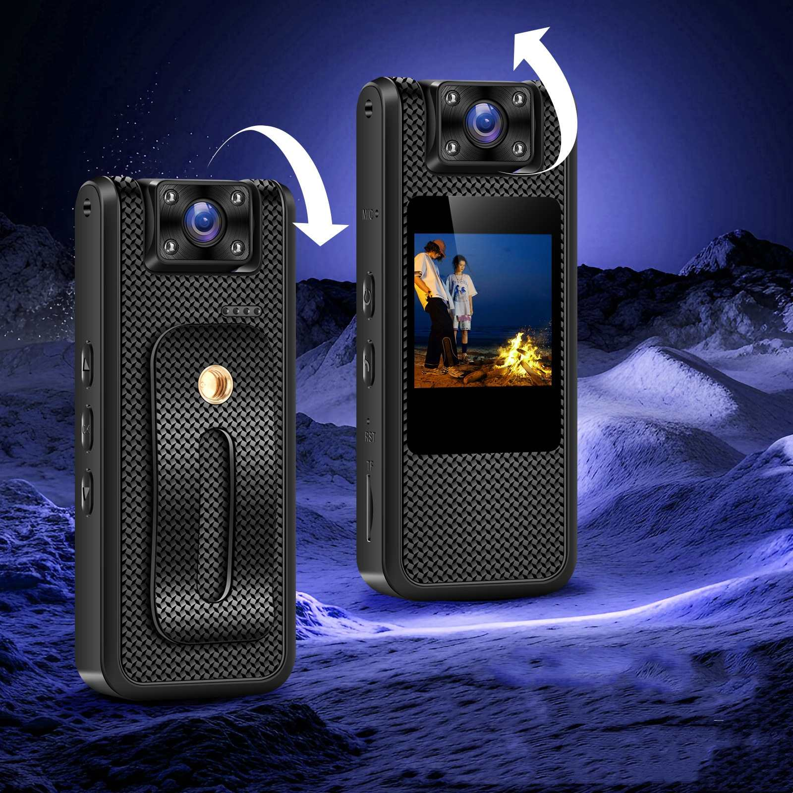 Zwei schwarze Bodycams. Eine zeigt ein Display mit Personen in der Nähe eines Feuers. Pfeile zeigen auf die Kameraobjektive.