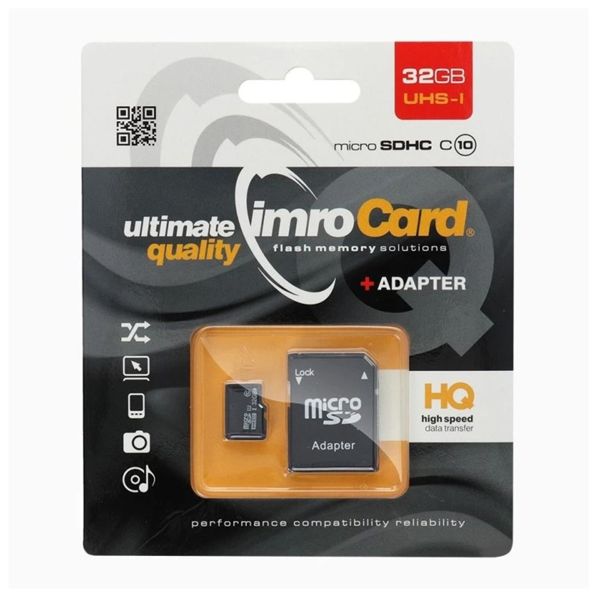 Eine Speicherkarte-Verpackung mit Micro-SD-Karte und Adapter. Sie hat den Markennamen 'imro Card', mit 32 GB Speicher und 'HQ high speed' Info.