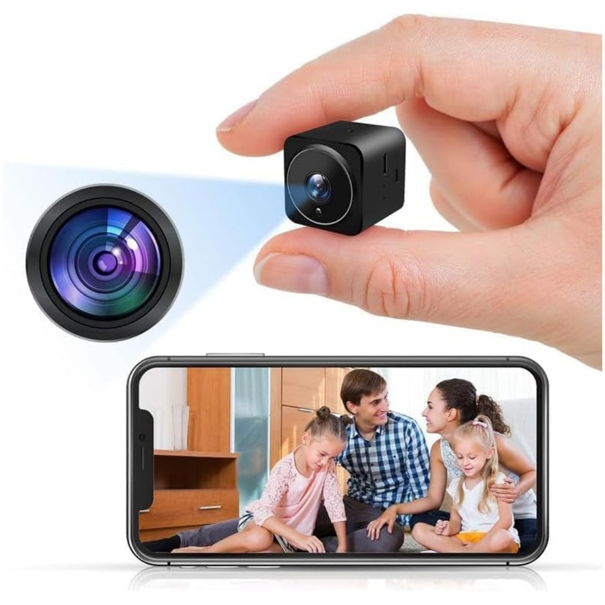 Eine kleine schwarze Kamera wird zwischen den Fingern gehalten. Eine Linse wird gezeigt. Ein Telefon zeigt eine Familienszene.