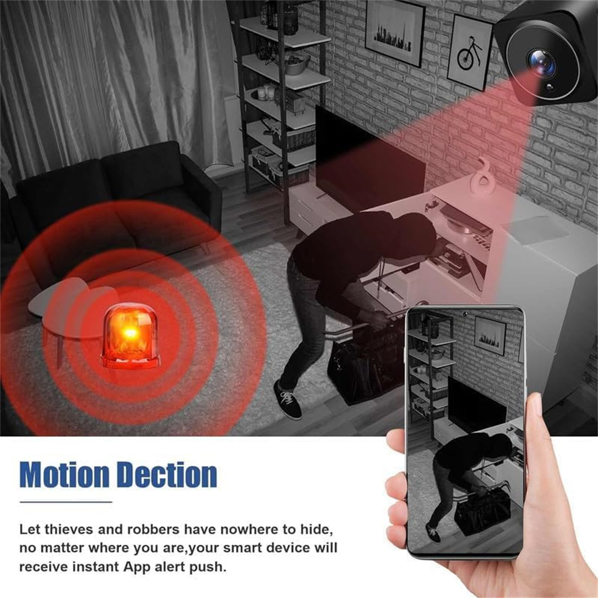 Eine Person stiehlt aus einem Schrank, eine Überwachungskamera zeichnet die Szene auf. Ein Telefon zeigt den Live-Feed mit rotem Alarm.