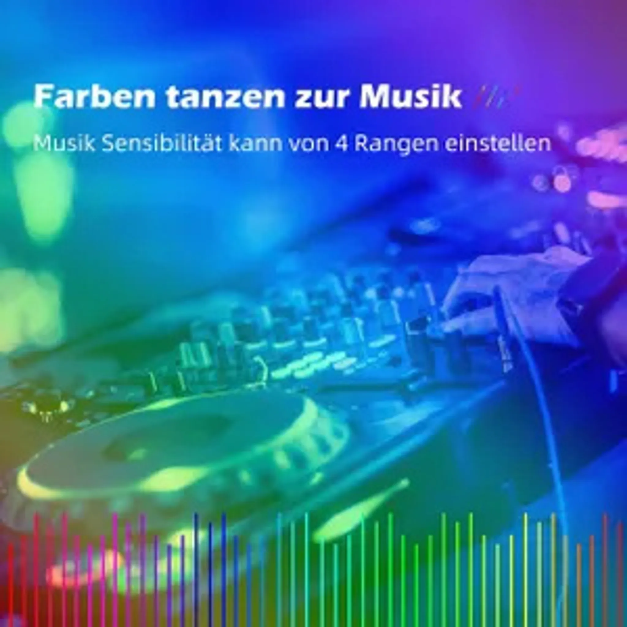 DJ mischt Musik auf einer Konsole mit bunten Lichtern und Text. Balken repräsentieren den Sound der Musik.