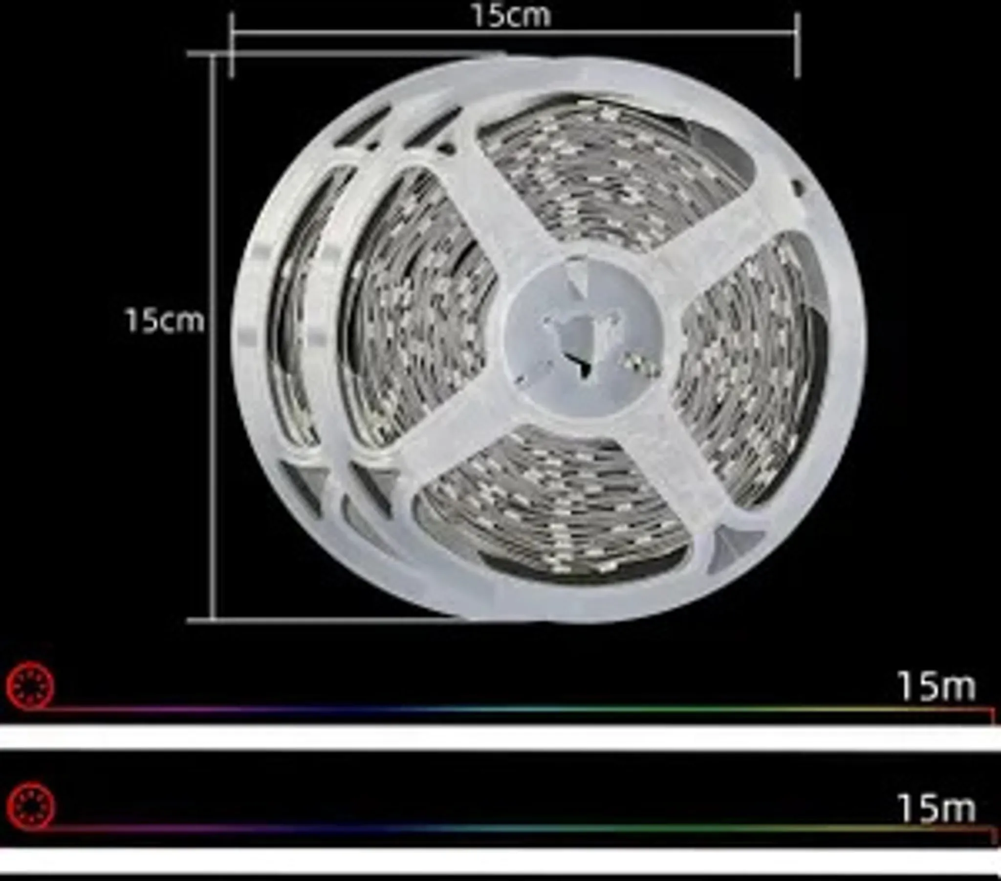 Eine Rolle LED-Streifen, 15 cm breit. Zeigt ein Farbspektrum und eine 15 m Längenanzeige. Schwarzer Hintergrund.