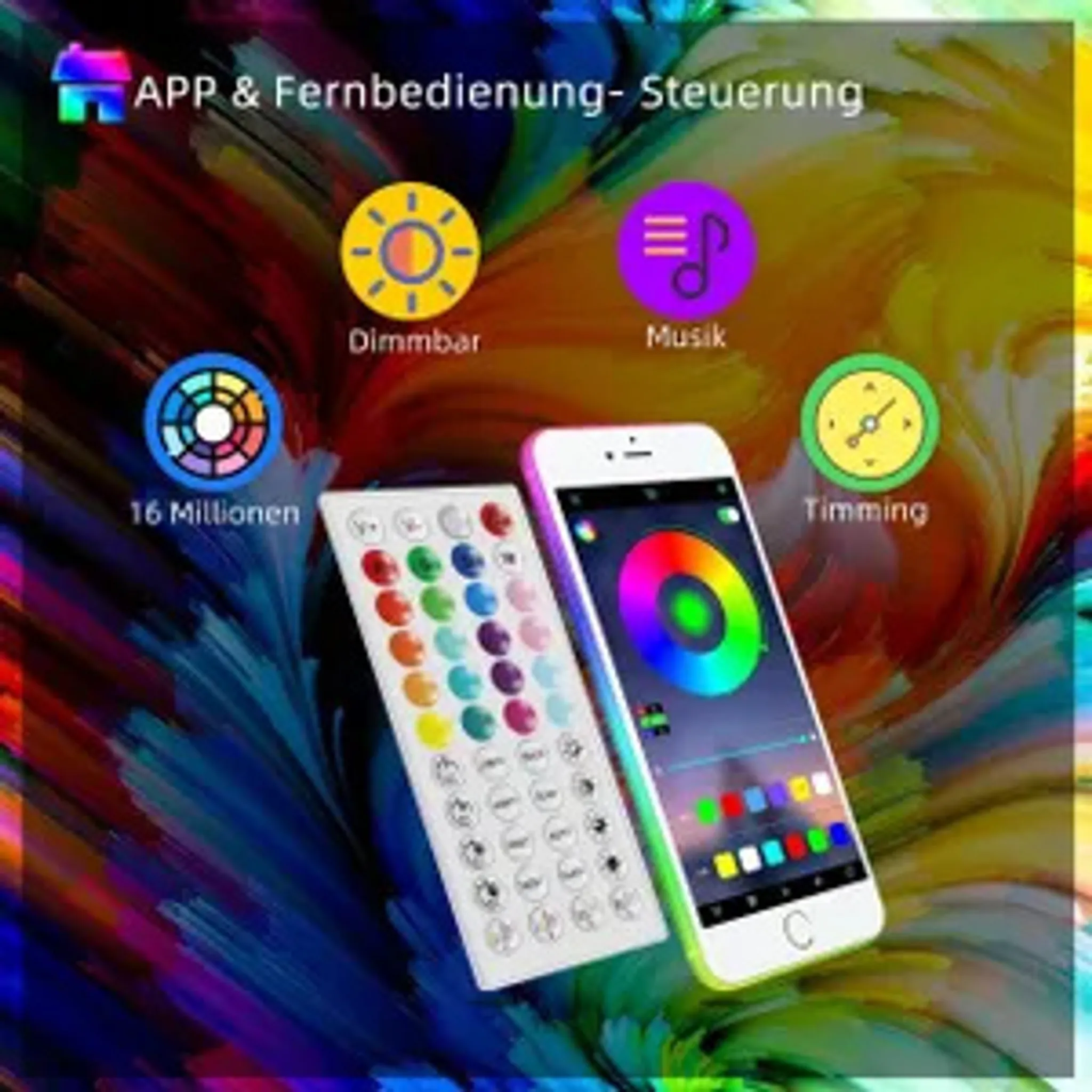 Ein Telefon und eine Fernbedienung mit Farboptionen und Symbolen für Dimmen, Musik und Timing.