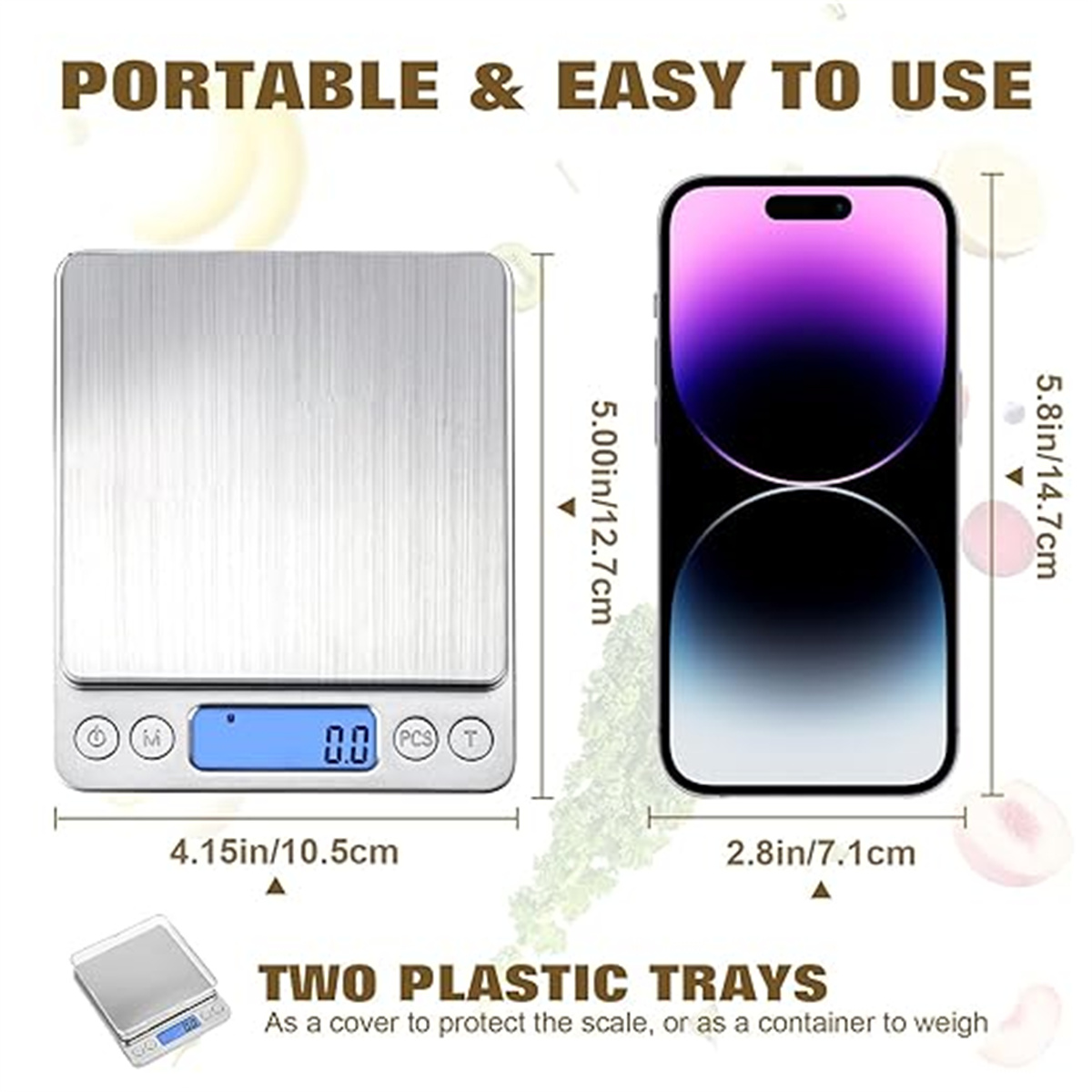 Eine digitale Waage neben einem Telefon, beide mit Abmessungen. Text: 'PORTABLE & EASY TO USE' und 'TWO PLASTIC TRAYS'.