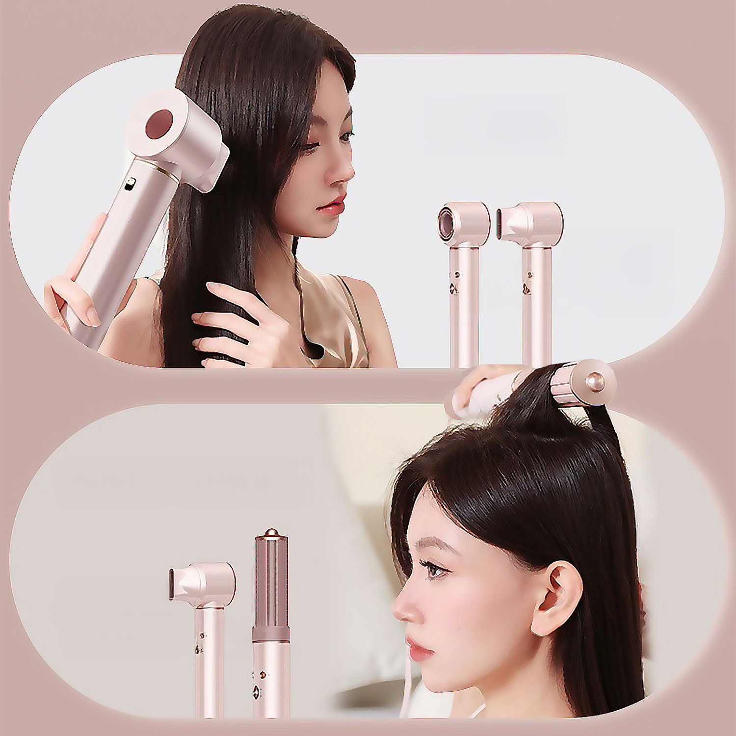 Zwei Frauen benutzen rosa Haarstyling-Werkzeuge. Eine trocknet ihr Haar, die andere lockt es. Es sind mehrere Werkzeuge sichtbar.