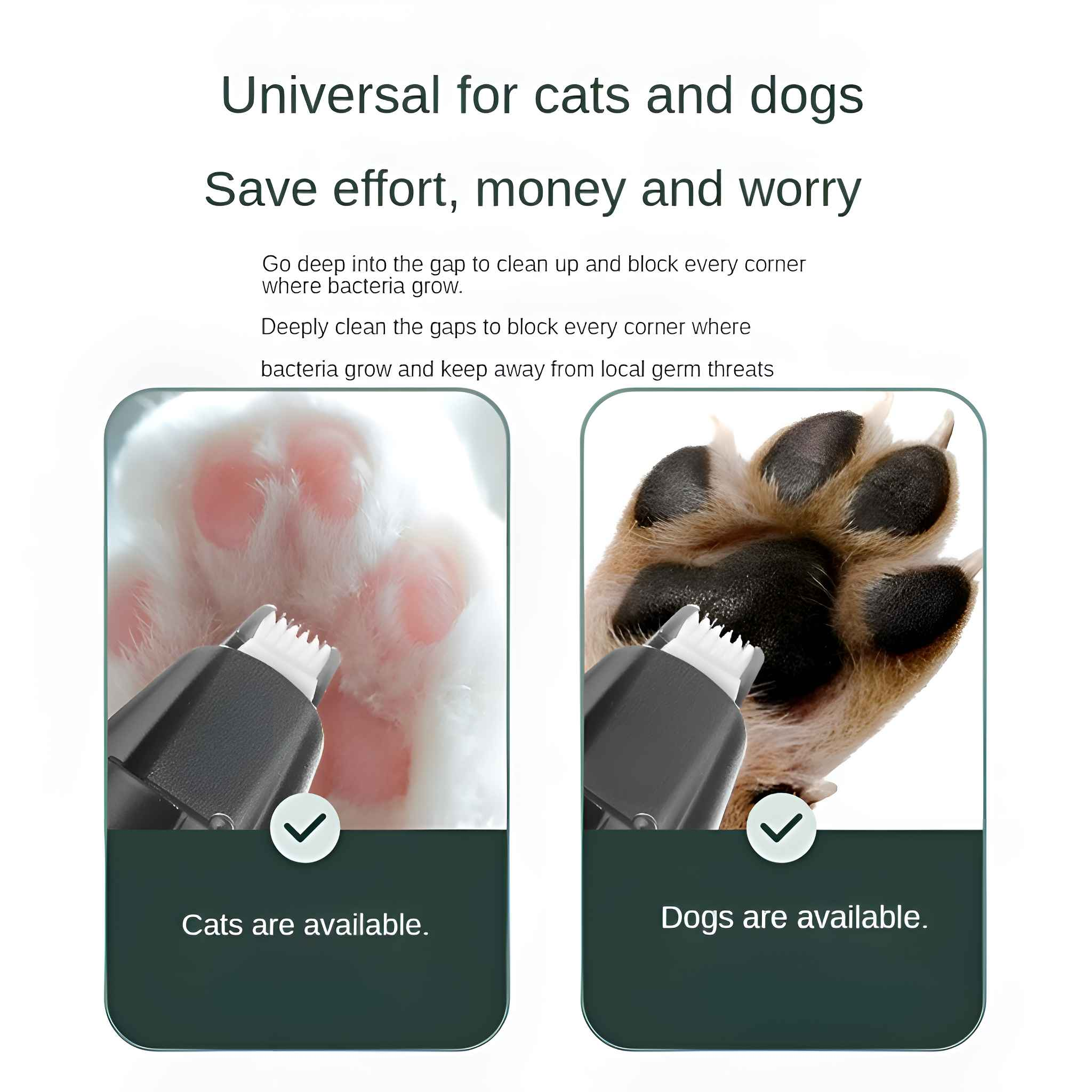 Das Bild zeigt eine Katzenpfote und eine Hundepfote mit einem Pflegegerät. Der Text gibt an, dass das Produkt für Katzen und Hunde bestimmt ist.