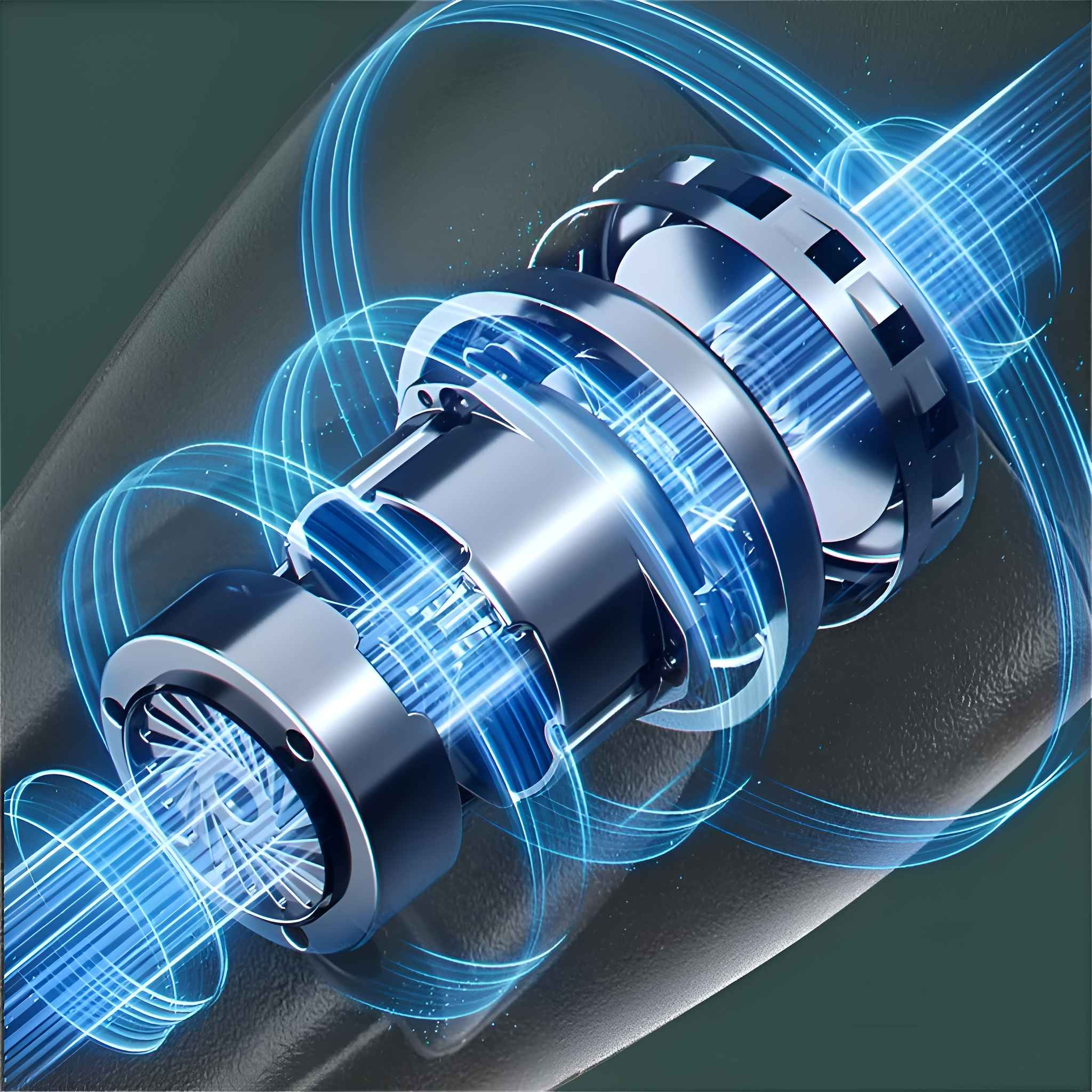 Ein metallisches, zylindrisches Gerät mit blauen Energieströmen. Der Hintergrund ist dunkelgrün.