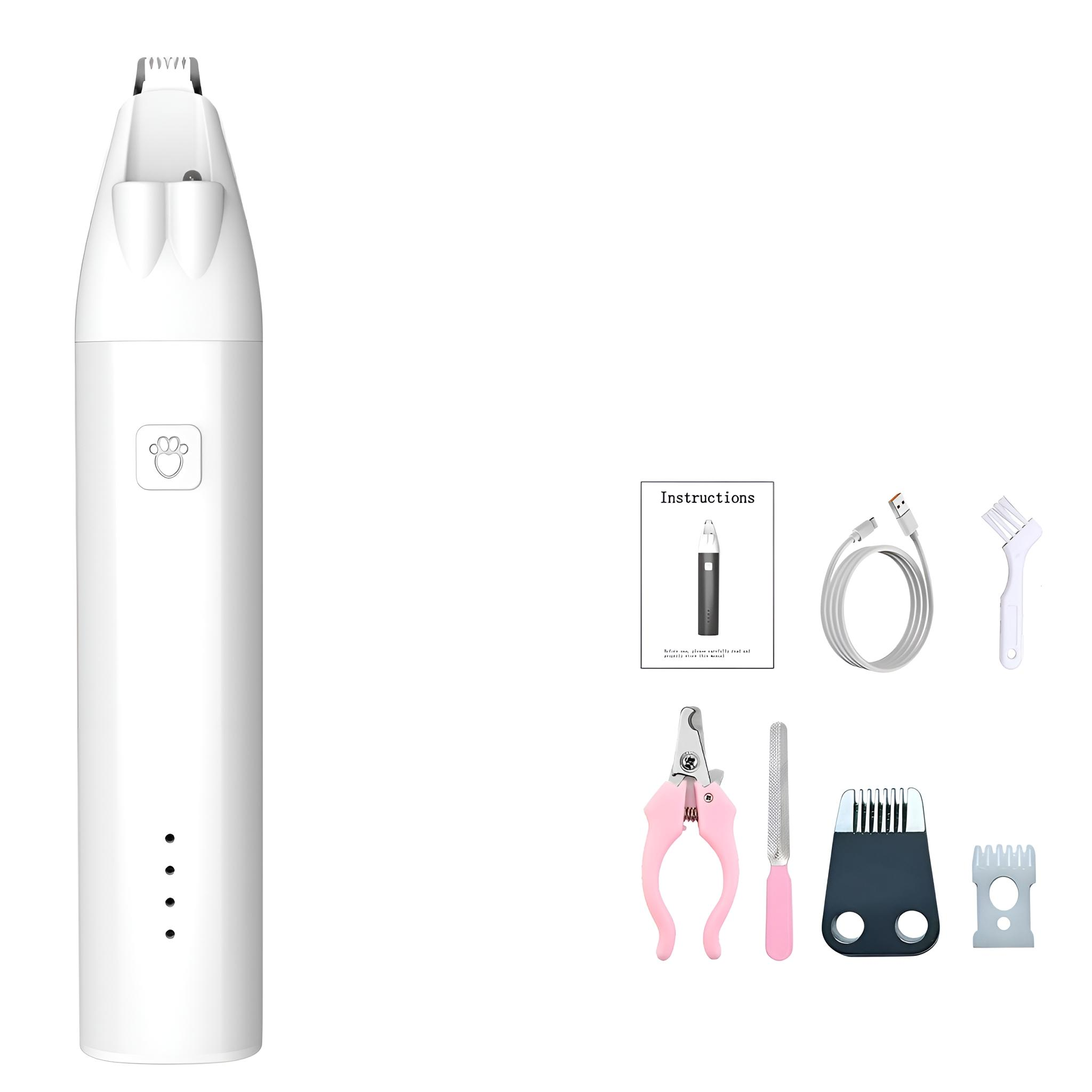 Ein weißes Tierpflege-Set mit Clipper, Nagelknipser, Bürste, USB-Kabel und Anweisungen auf weißem Hintergrund.