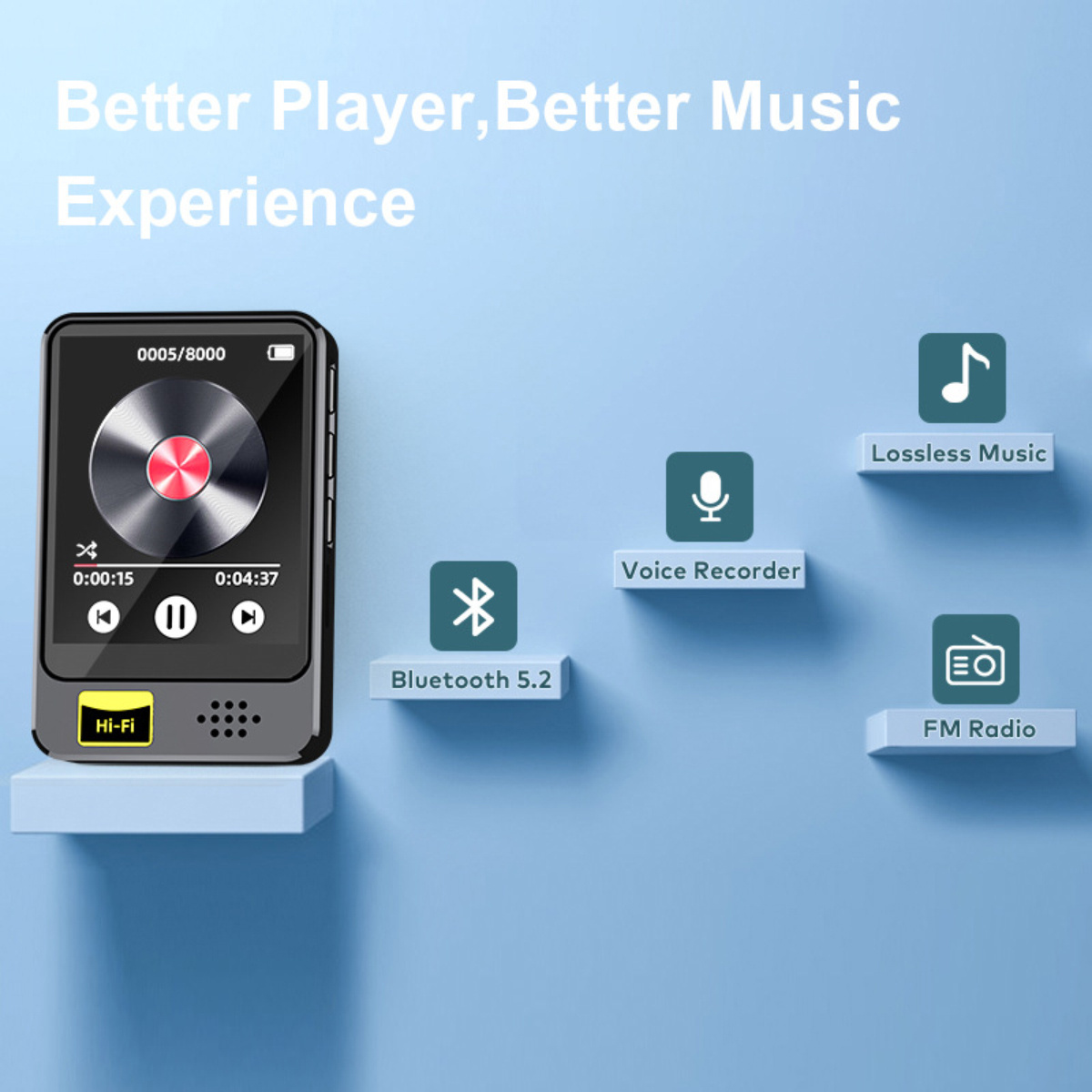 Ein Musikplayer mit Bildschirm, der eine sich drehende Scheibe zeigt. Funktionen sind Bluetooth, Diktiergerät, Hi-Fi, UKW-Radio und verlustfreie Musik.