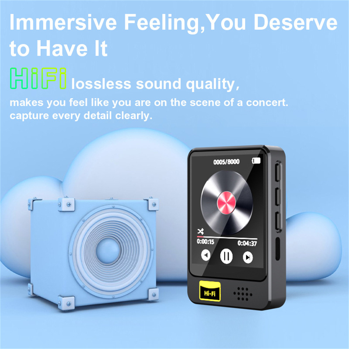 Ein schwarzer Hi-Fi-Musikplayer mit einem Bildschirm, der eine Wiedergabeschnittstelle anzeigt. Links ist ein blauer Lautsprecher. Der Hintergrund ist hellblau mit Wolken.