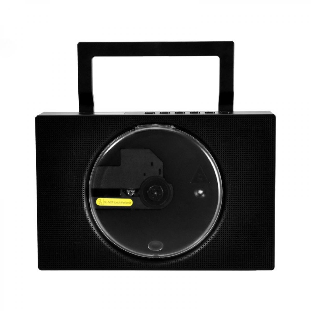 Ein schwarzer CD-Player mit Griff. In der Mitte befindet sich eine transparente Scheibenabdeckung. Der Hintergrund ist weiß.