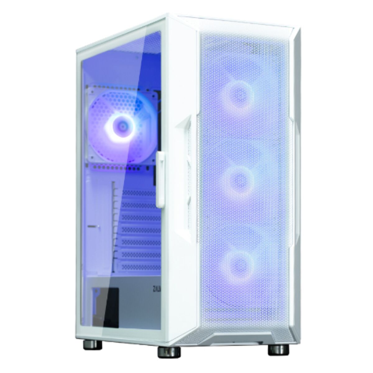 Case per computer bianco con pannello laterale in vetro. Ventole illuminate con luci blu e viola visibili all'interno.