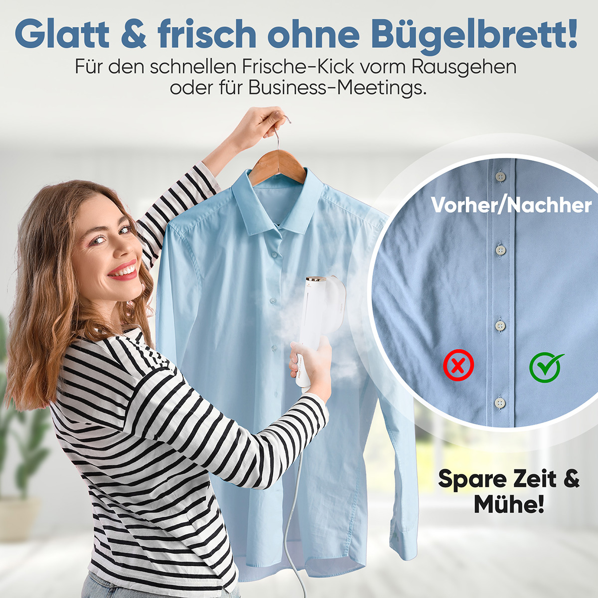 Una donna stira una camicia blu con un vaporizzatore portatile. Un confronto prima/dopo mostra la camicia lisciata. Il testo promuove il risparmio di tempo e fatica.