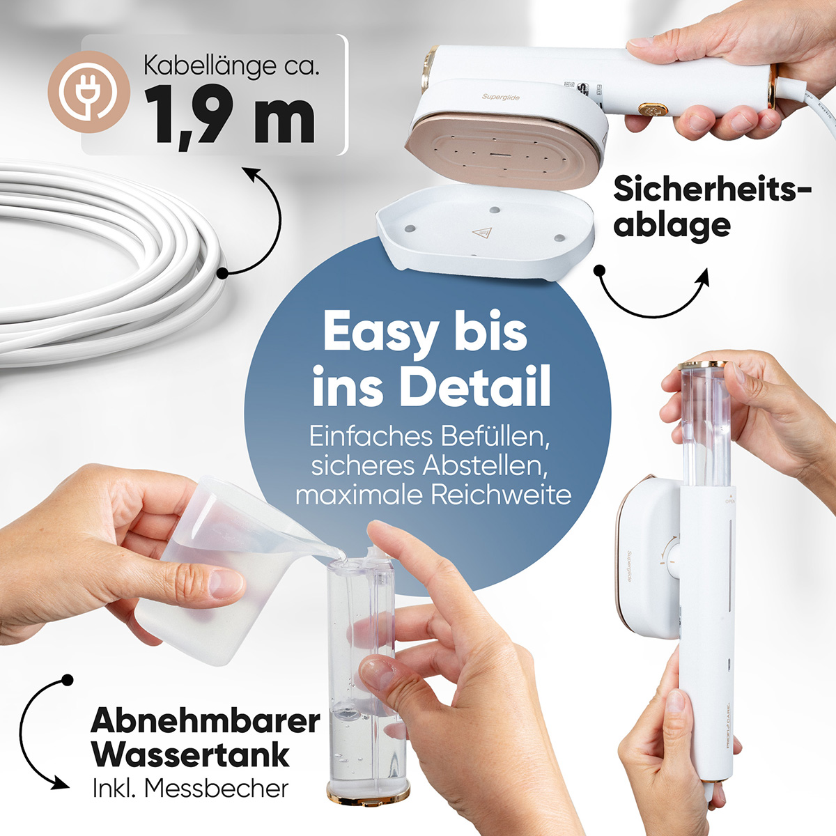 Un vaporizzatore bianco e oro viene mostrato con un misurino che riempie un serbatoio d'acqua trasparente. Il testo evidenzia funzioni come il riempimento facile.