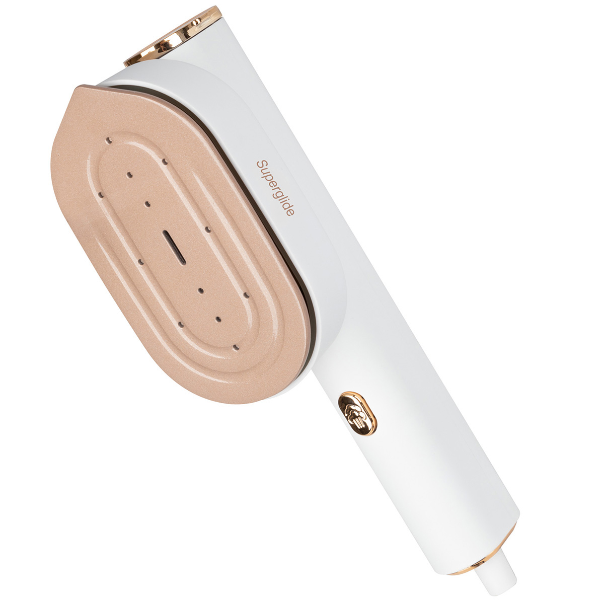 Un vaporizzatore Superglide bianco e oro. Il vaporizzatore ha una faccia color oro con fori e un manico bianco. Il marchio è visibile.