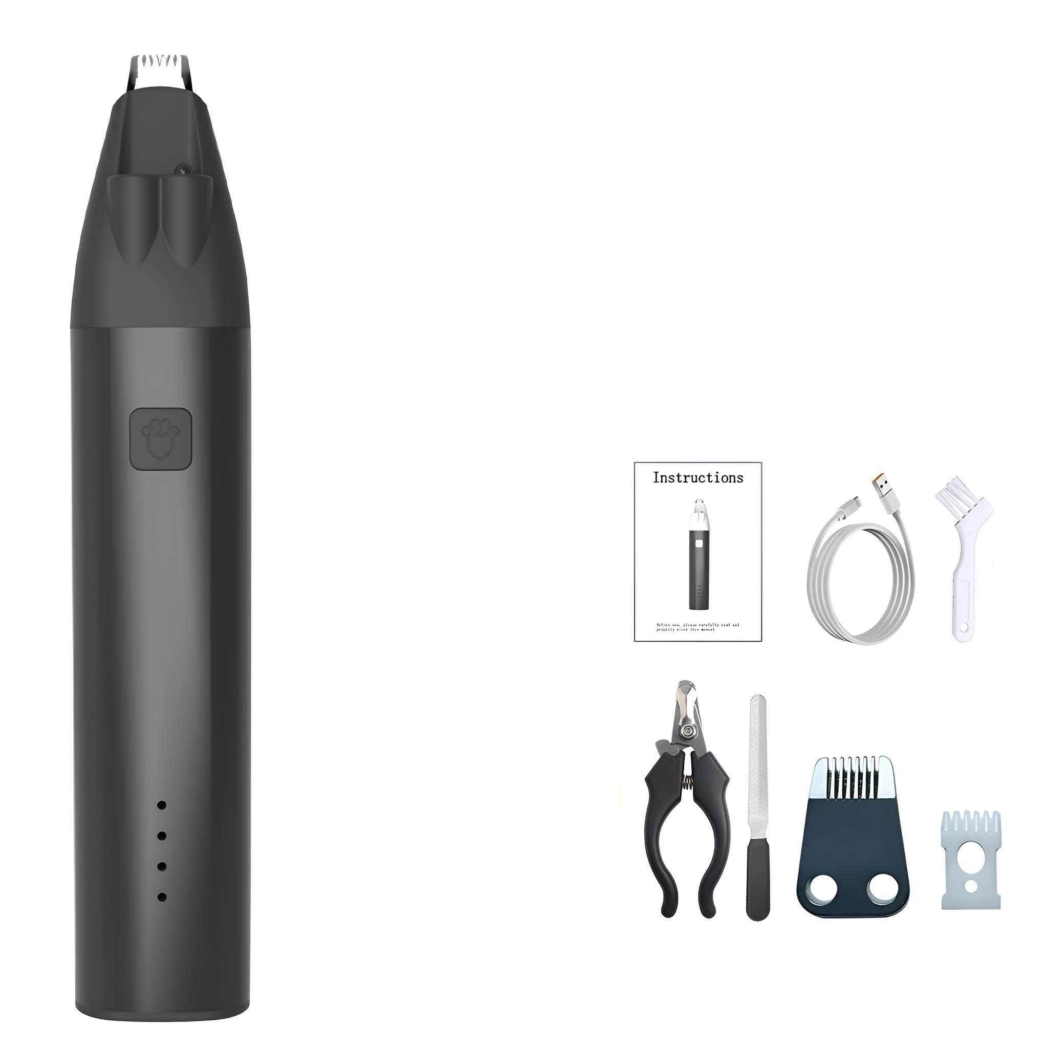 Ein schwarzes Haustierpflege-Set. Es enthält einen Trimmer, Nagelknipser, Nagelfeile, USB-Kabel, Reinigungsbürste und Bedienungsanleitung.