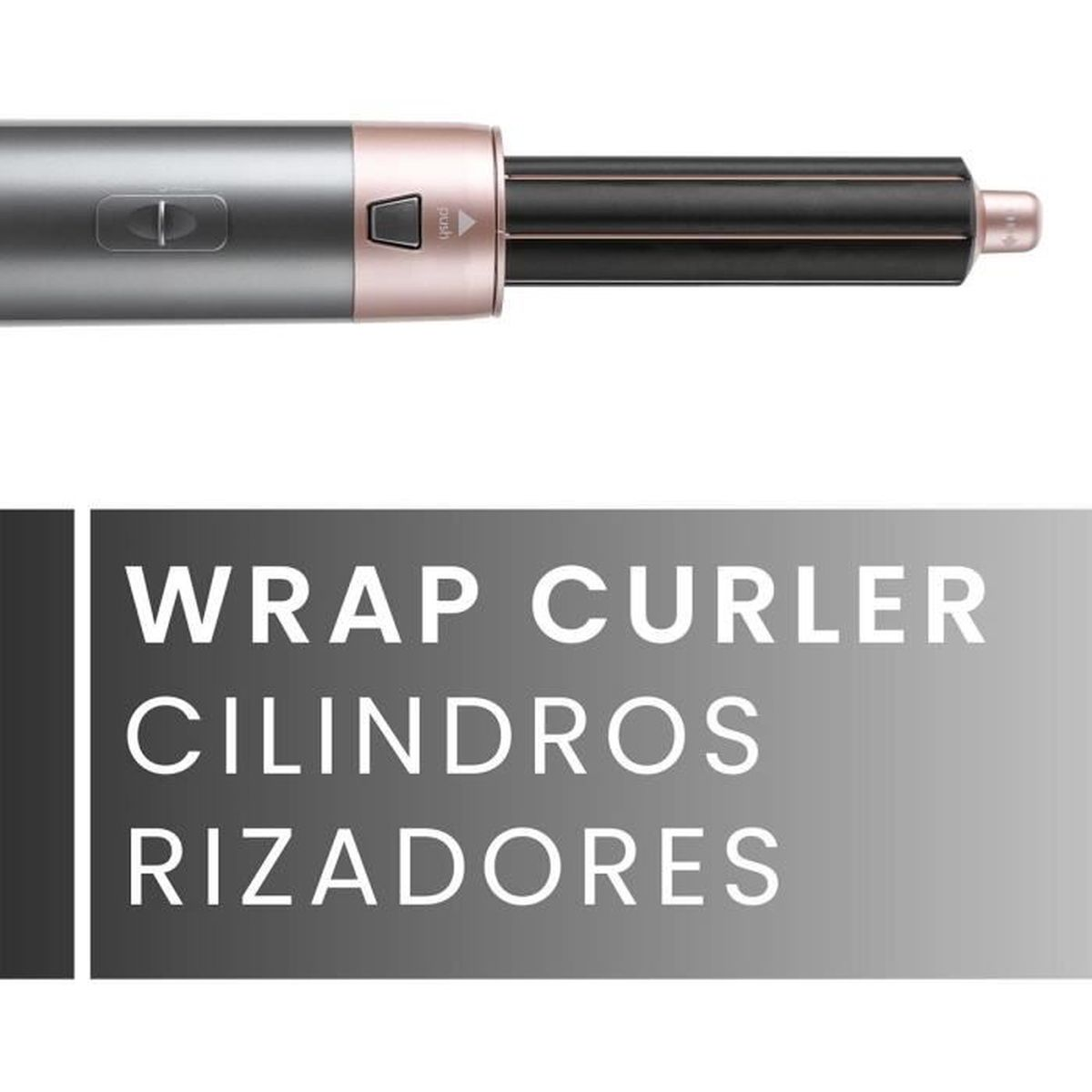 Un arricciacapelli con manico argento e oro rosa e canna nera. Testo sottostante: 'WRAP CURLER CILINDROS RIZADORES'.