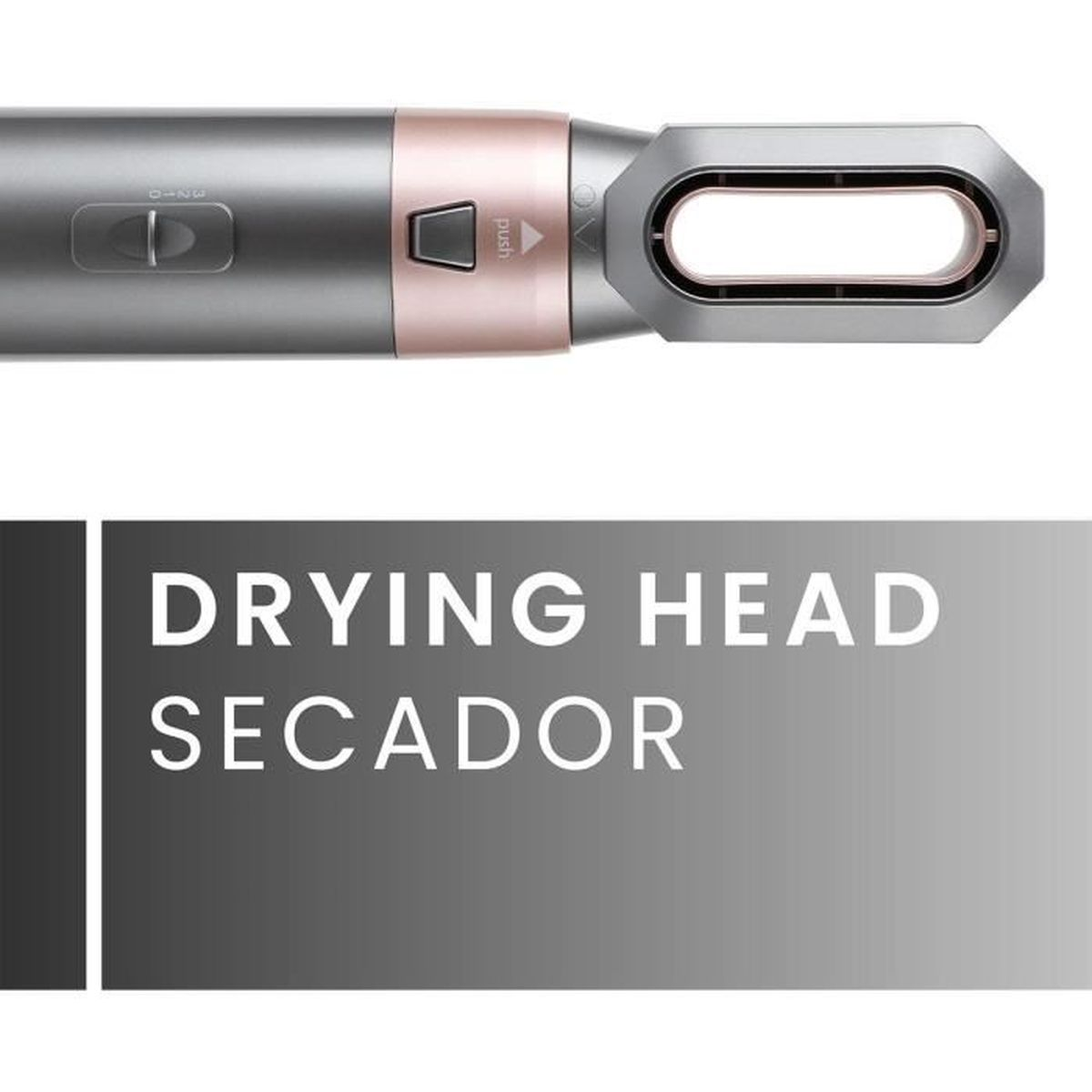 Un asciugacapelli con manico grigio e rosa. Le parole 'DRYING HEAD SECADOR' sono visualizzate in testo bianco in basso.