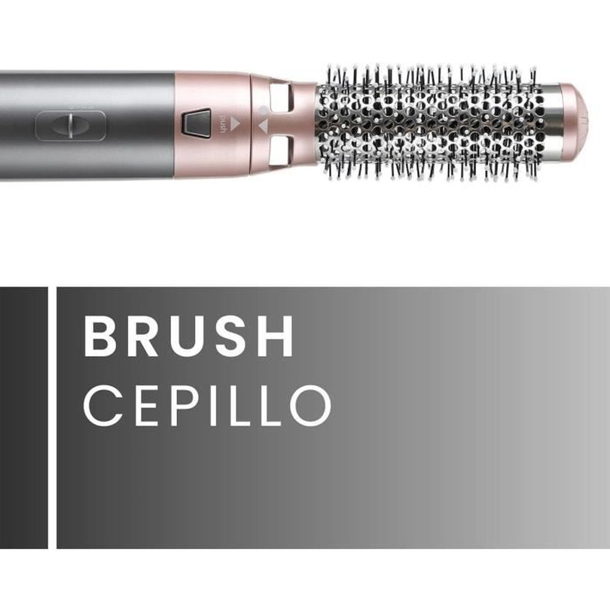 Una spazzola per capelli con canna in metallo e setole. Il manico è grigio e oro rosa. Vengono visualizzate le parole 'BRUSH' e 'CEPILLO'.
