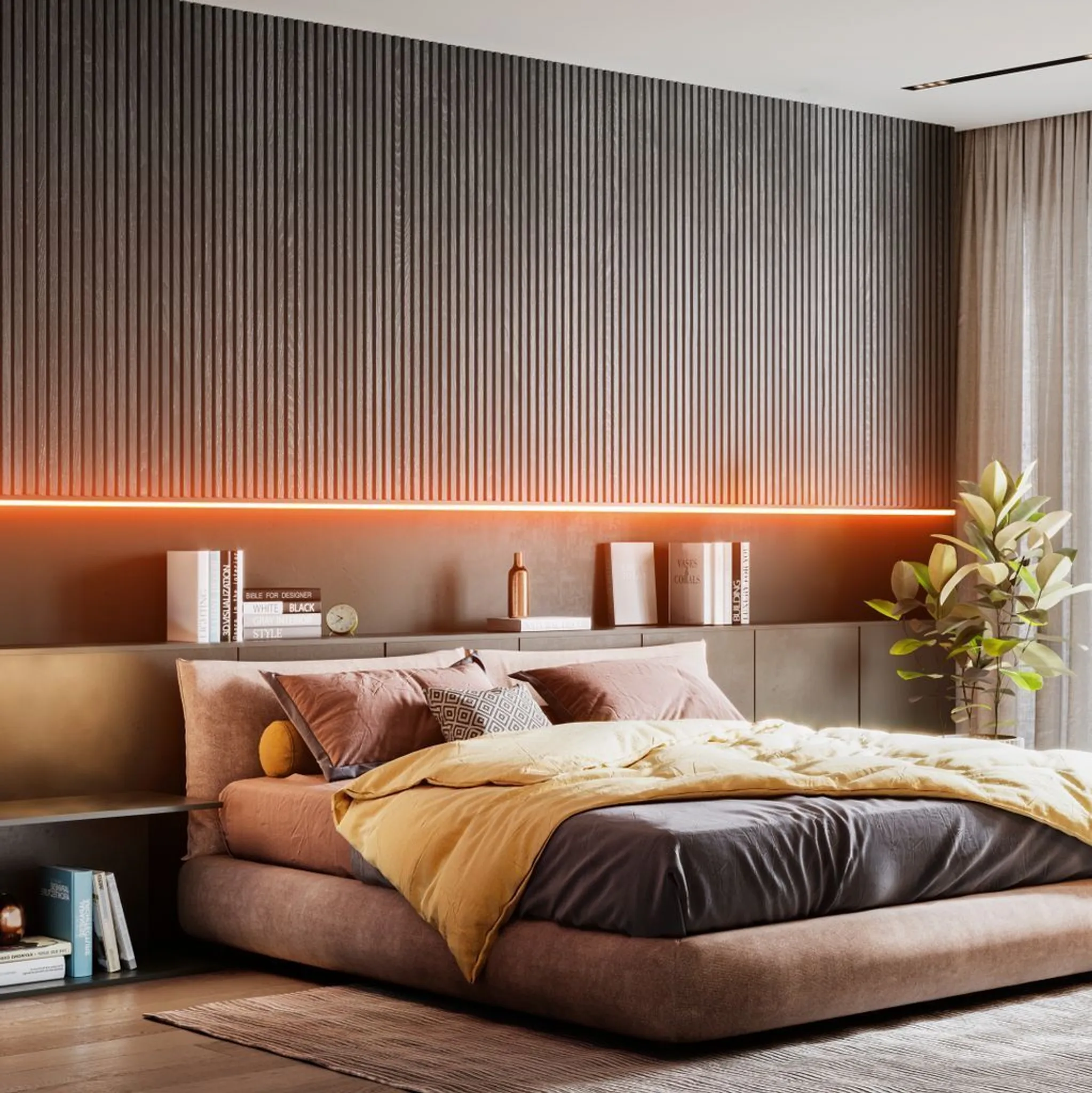 Schlafzimmer mit Bett, dekorativer Wand, Büchern und einer Pflanze. Das Bett hat rosa und gelbe Bettwäsche. Die Wand hat ein warmes orangefarbenes Licht.