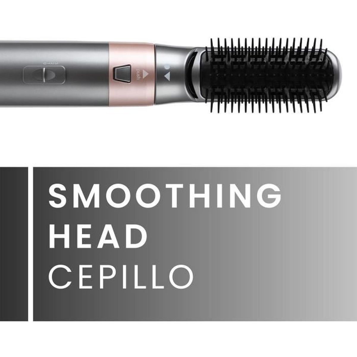 Viene mostrata una spazzola lisciante per capelli grigia e oro rosa. Il testo "SMOOTHING HEAD CEPILLO" è sotto su uno sfondo grigio.