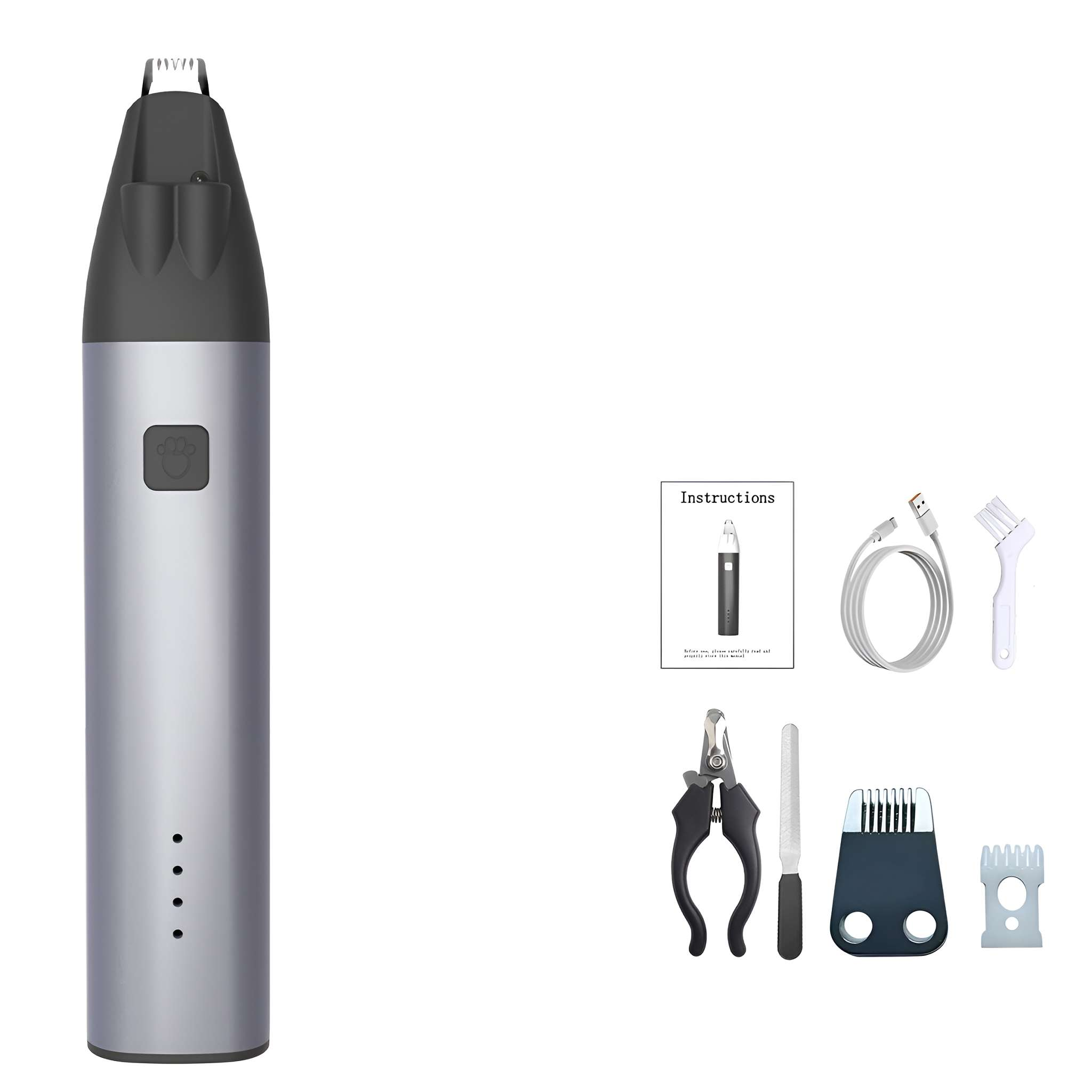 Ein Haustierpflege-Set auf weißem Hintergrund. Es umfasst einen Trimmer, Nagelknipser, Feile, Bürste, Kämme und ein USB-Kabel.