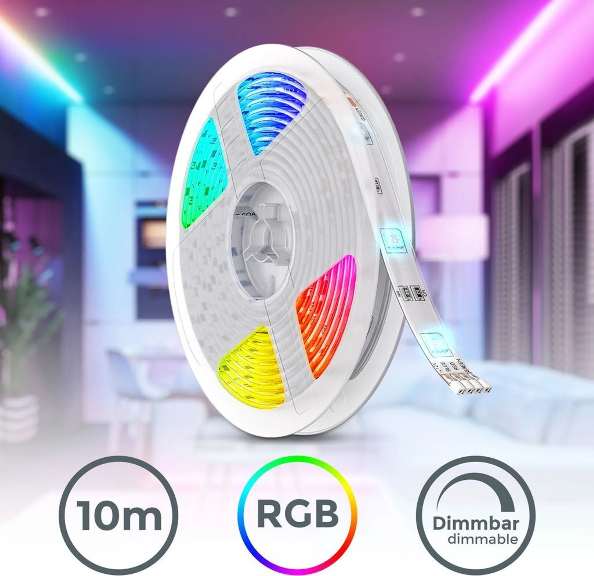 Eine Rolle bunter LED-Streifen mit Symbolen, die 10 m Länge, RGB- und Dimmfunktionen anzeigen.