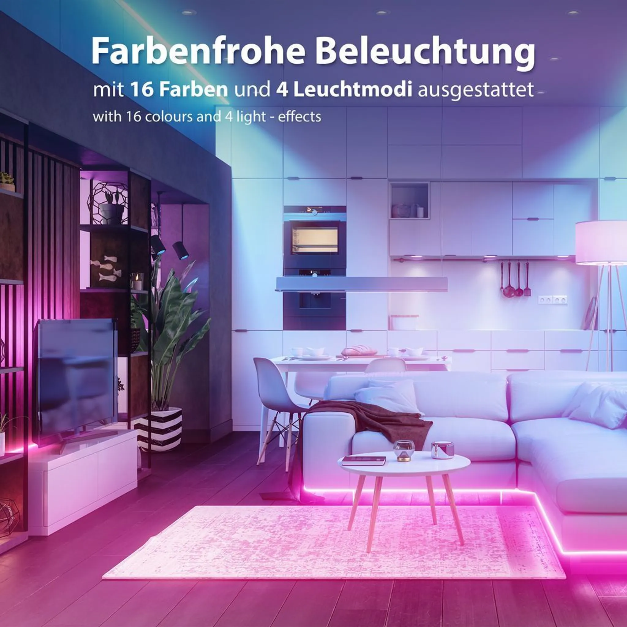 Ein modernes Wohnzimmer mit farbenfroher LED-Beleuchtung. Eine weiße Couch, ein Tisch und ein Teppich sind im Vordergrund.