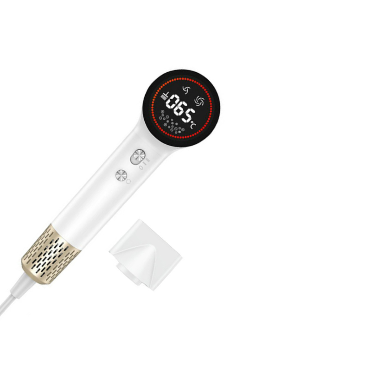 A white and gold hair dryer with a digital display showing temperature. A white nozzle sits beside it. The background is white.