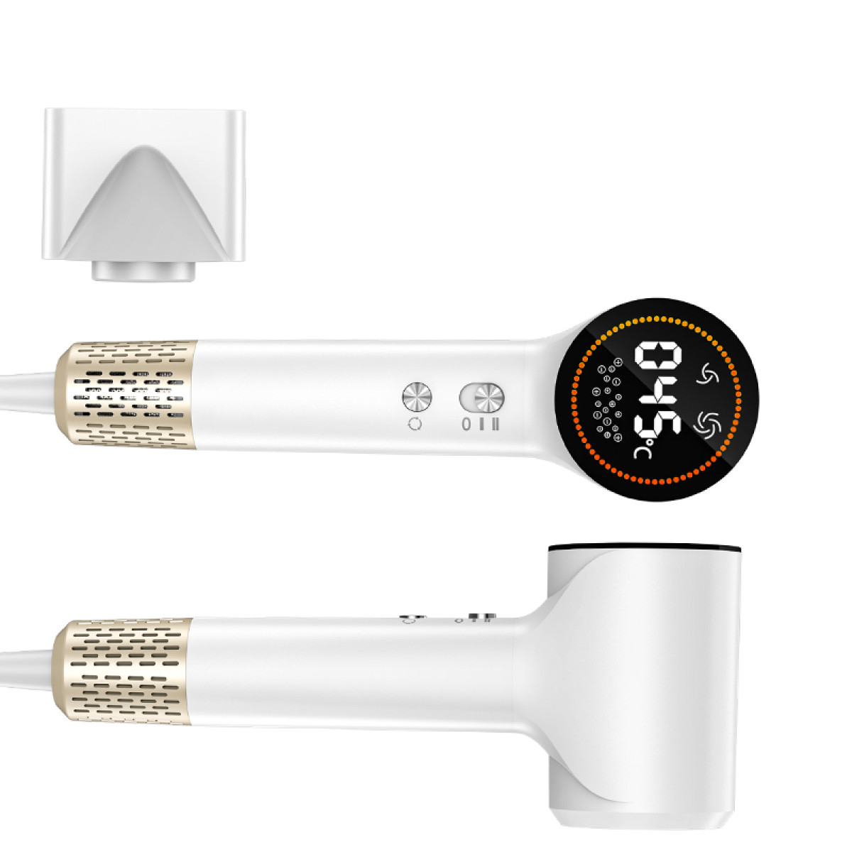 White and gold hair dryer with an attachment. It shows a digital display with temperature reading. The dryer has buttons and a nozzle.