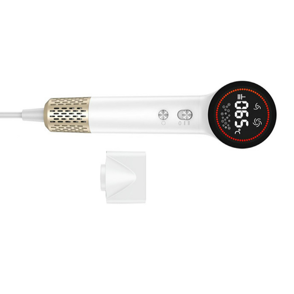 A white and gold hair styling tool with a digital display showing 065°C. A white cap is detached. White background.