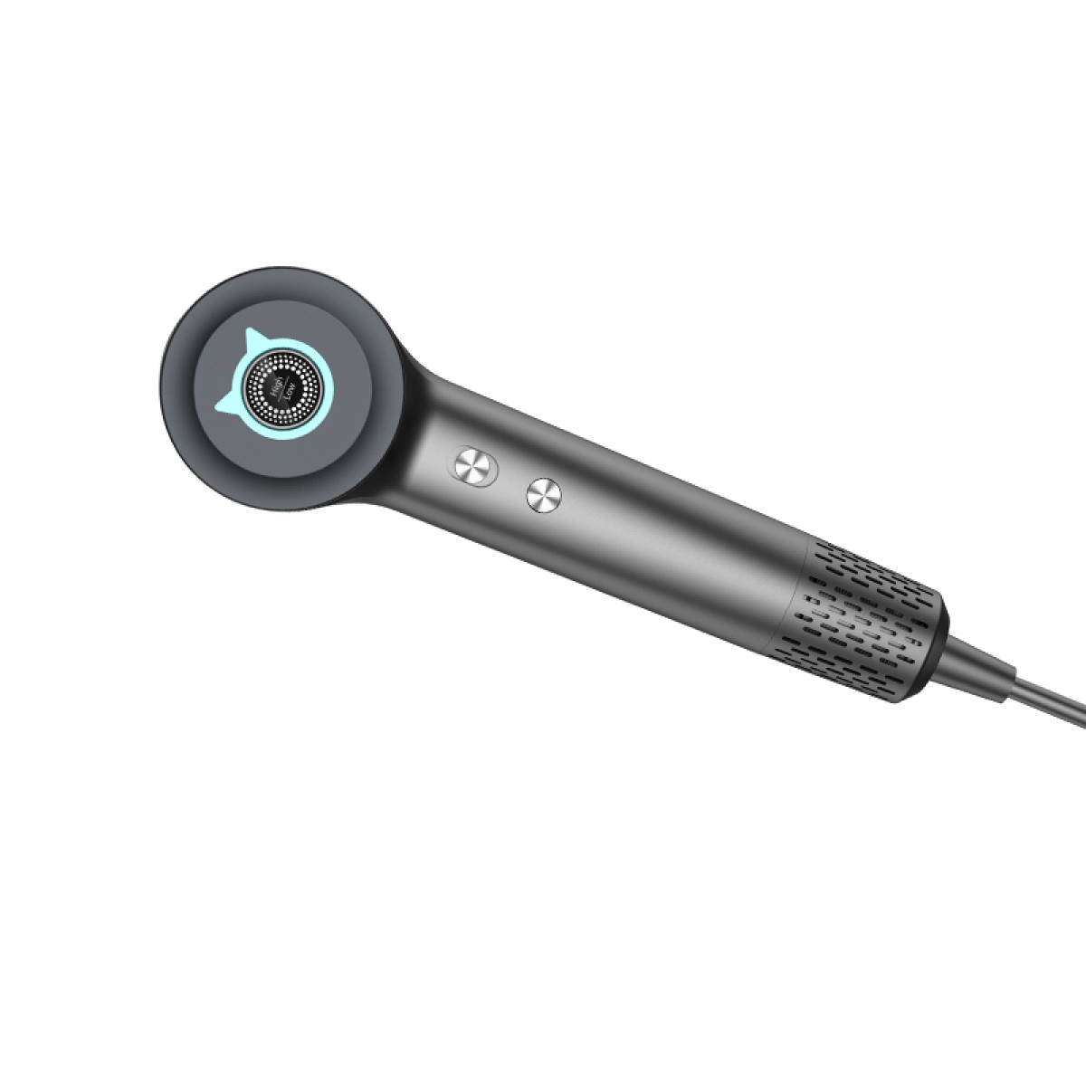 A gray and black hair dryer on a white background. The dryer has a circular head with buttons and a handle.