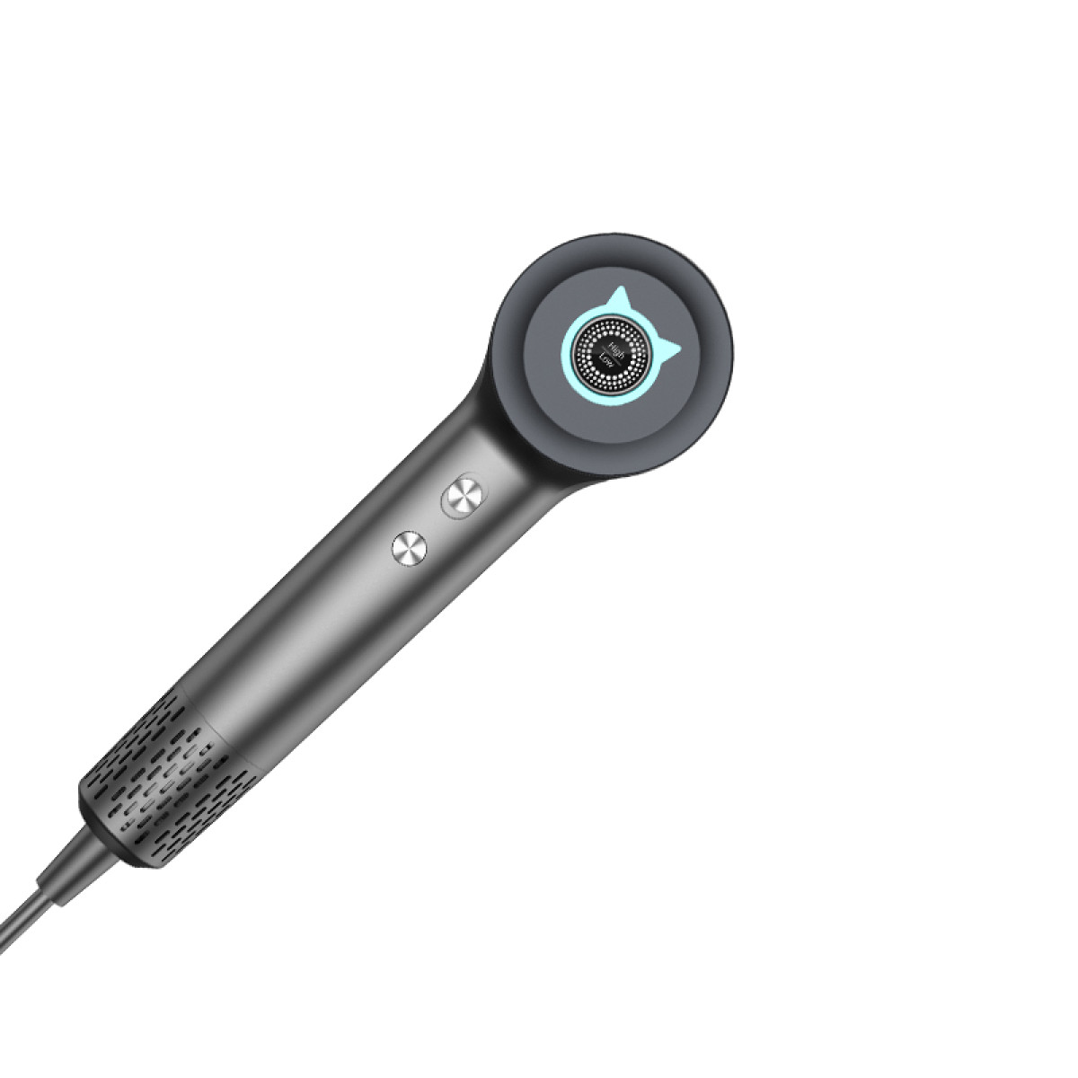A gray hair dryer on a white background. It has a round head with a control panel and a long handle with buttons.