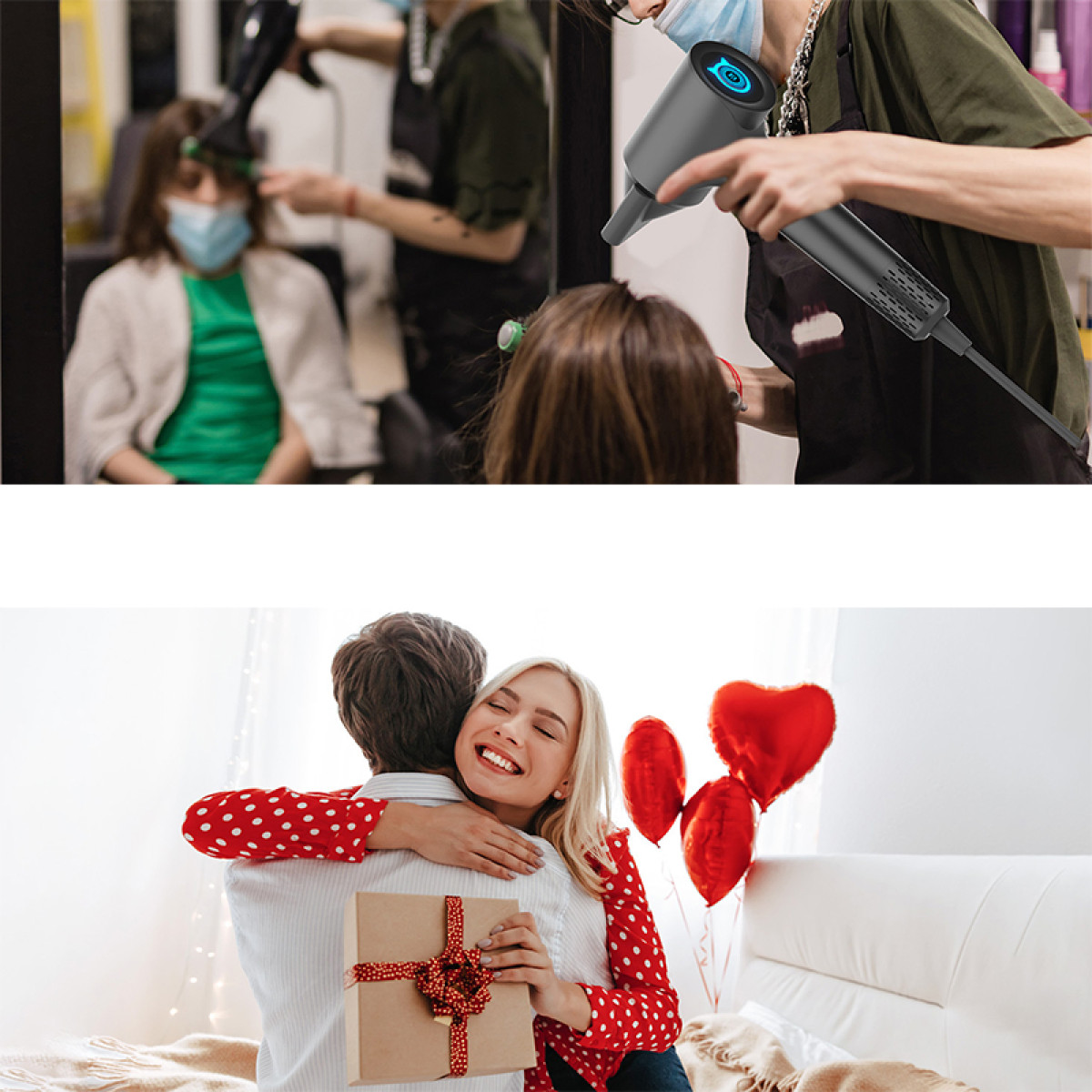 Top: Hairdressers blow-drying hair. Bottom: Couple hugging, woman holding a gift, red heart balloons.