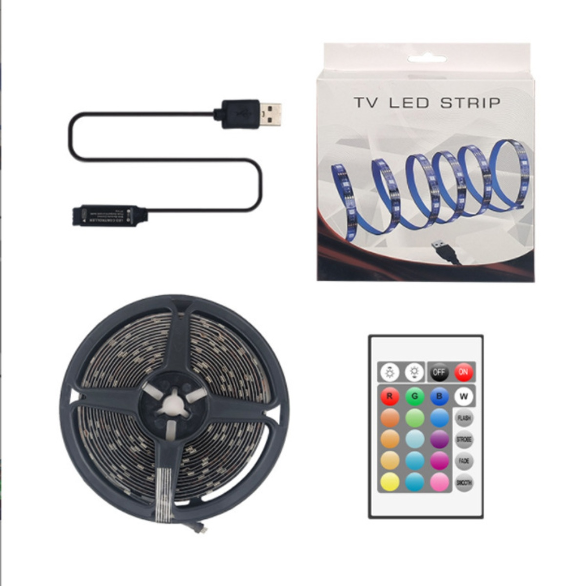 Das Bild zeigt ein TV-LED-Streifen-Kit: LED-Streifen-Rolle, USB-Kabel, Fernbedienung und Verpackung.