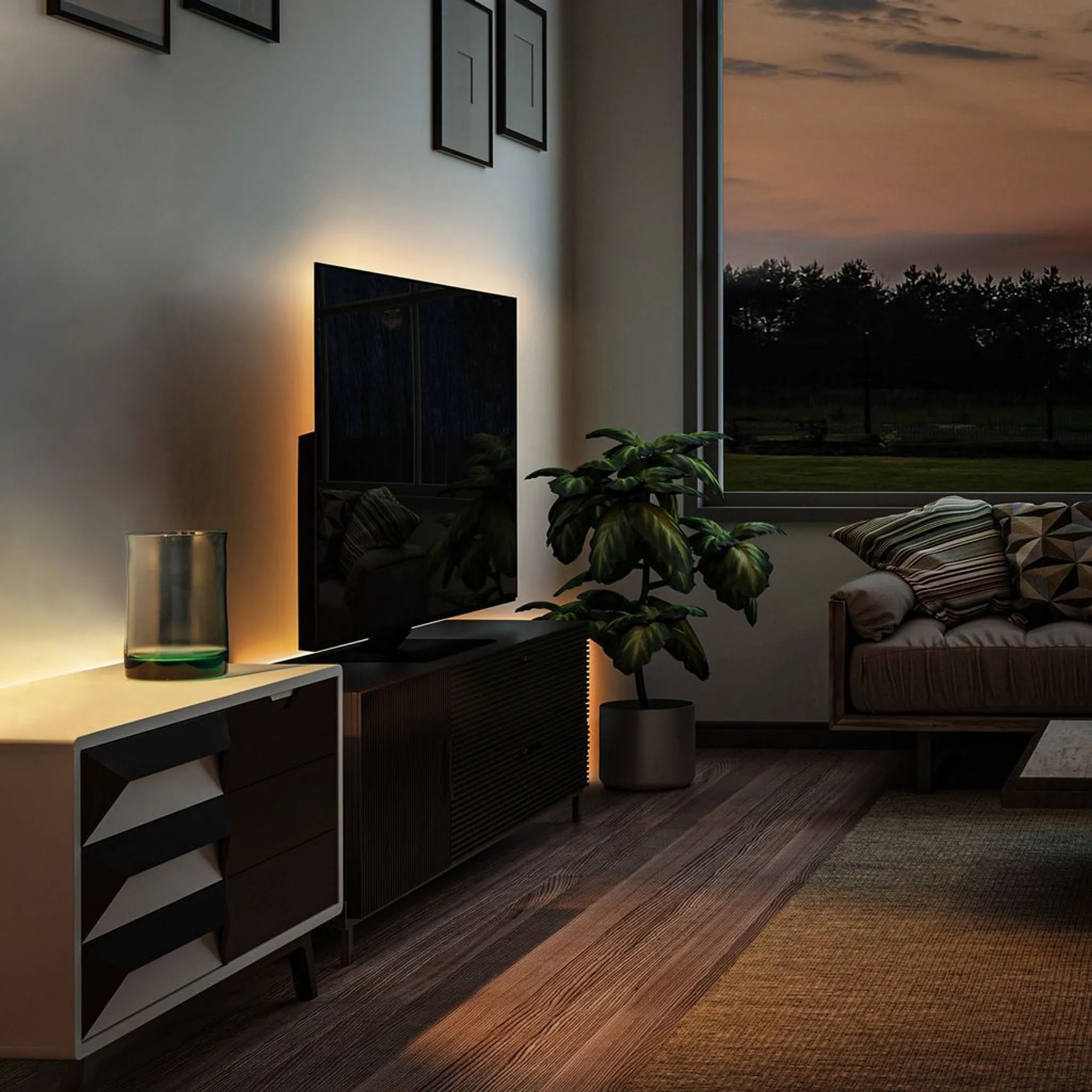 Ein Wohnzimmer mit Fernseher, Pflanze und Sofa. Ein Fenster zeigt einen Abendhimmel. Ein Glas steht auf einem weißen Schrank.