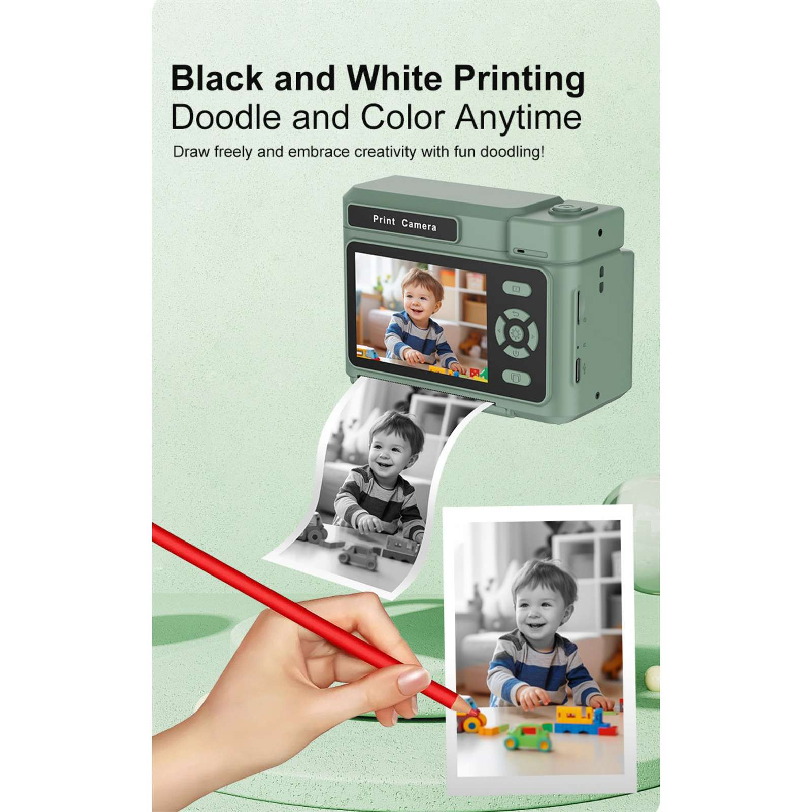 Eine grüne Druckkamera zeigt ein Kinderfoto. Ein roter Bleistift berührt ein Schwarzweißfoto des Kindes.