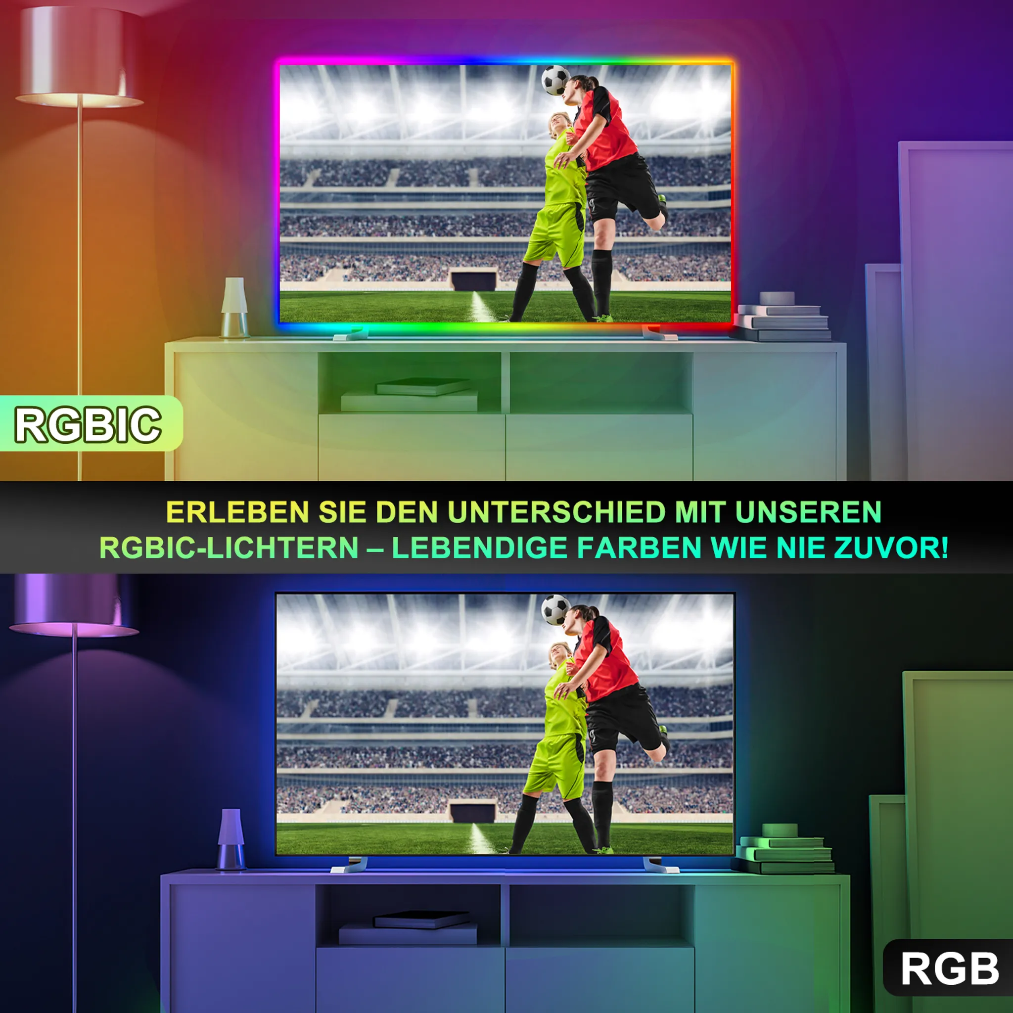 Bild zeigt einen Fernseher mit einem Fußballspiel. Der Fernseher steht auf einem weißen Schrank. Der Raum ist mit RGB-Lichtern beleuchtet.