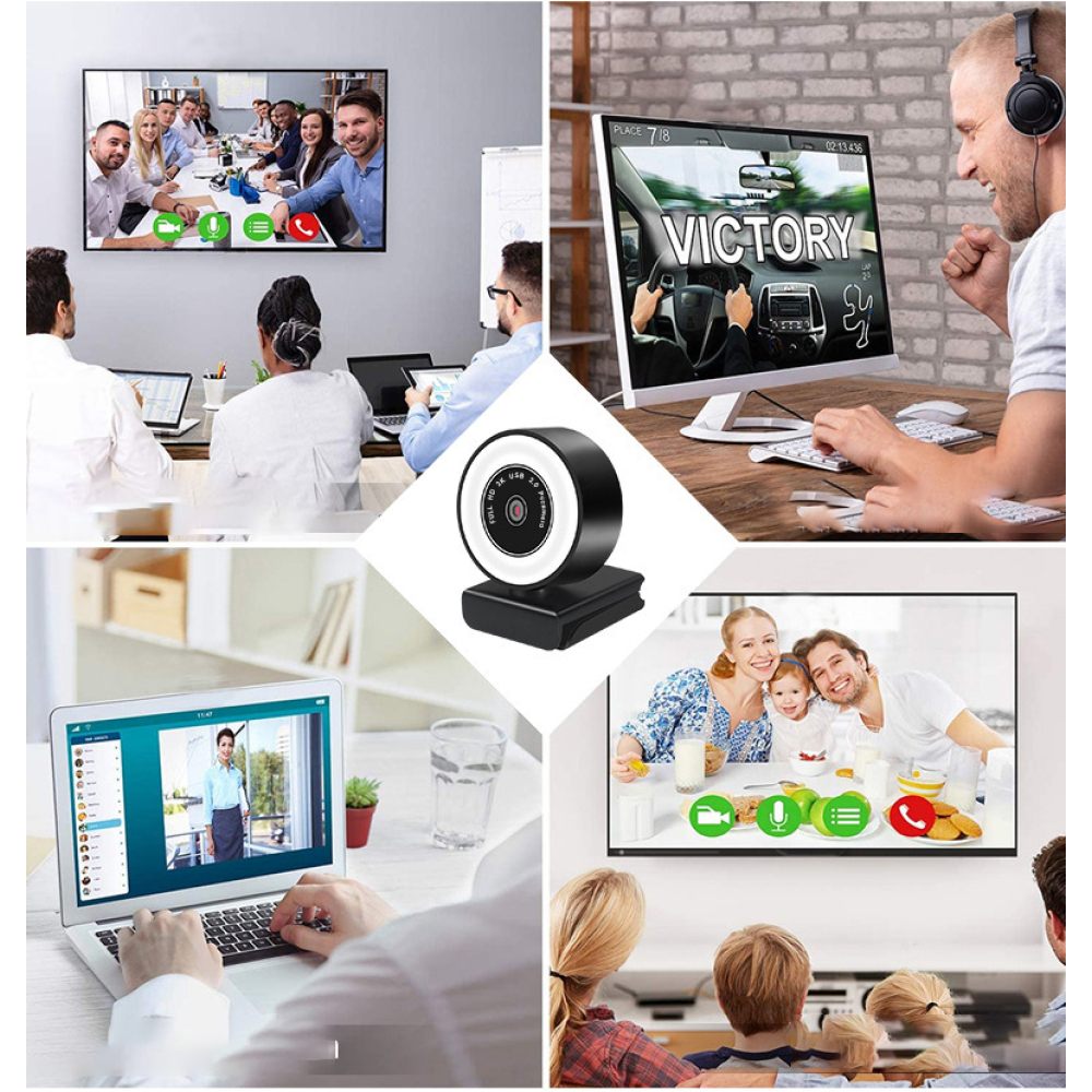 Webcam mit mehreren Bildschirmen, die Videoanrufe und Online-Meetings zeigen. Menschen benutzen Laptops und Desktops. Der Hintergrund hat Leute.