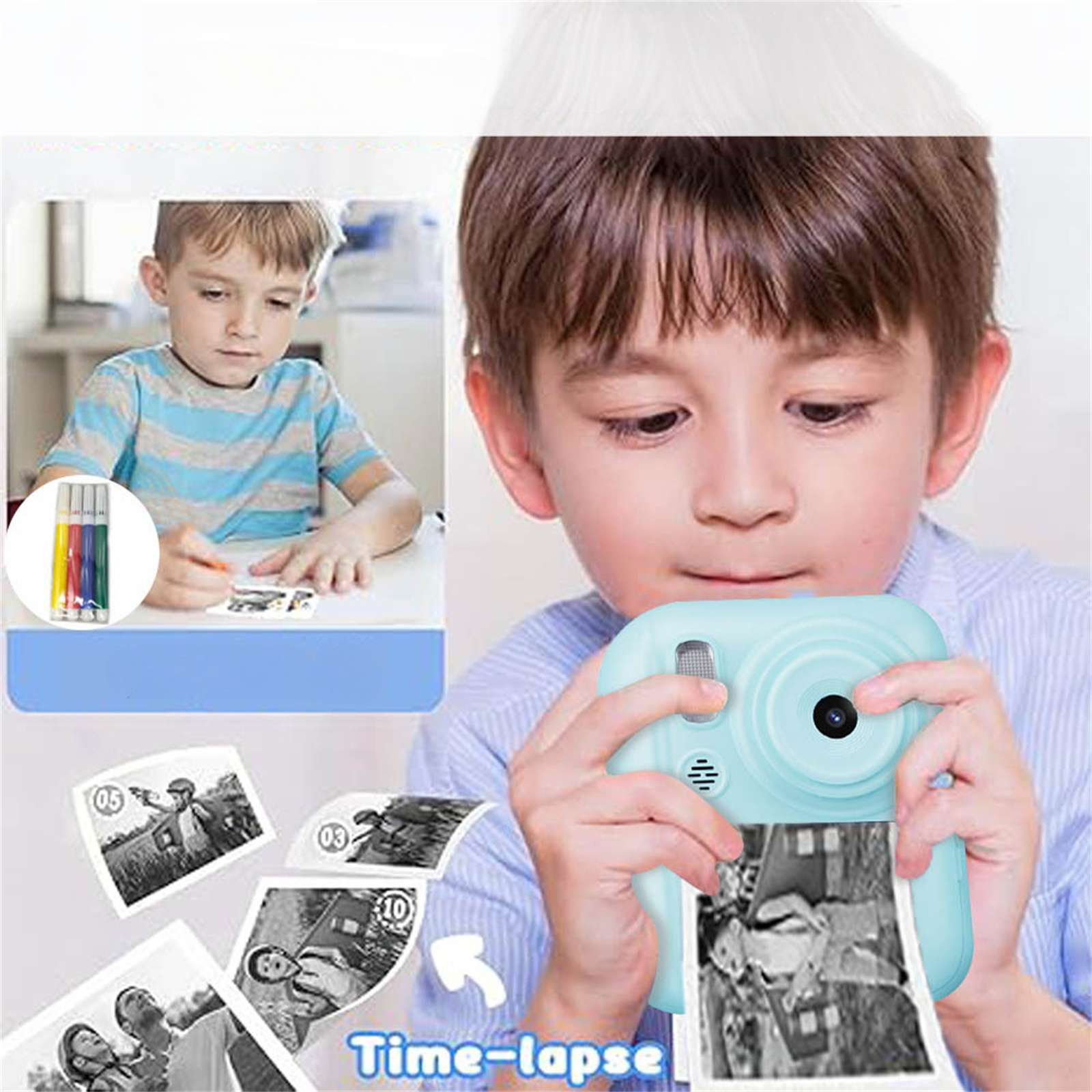 Ein Kind hält eine hellblaue Kamera, die Fotos druckt. Ein anderes Kind zeichnet mit Markern. Fotos und der Text 'Zeitraffer' sind sichtbar.