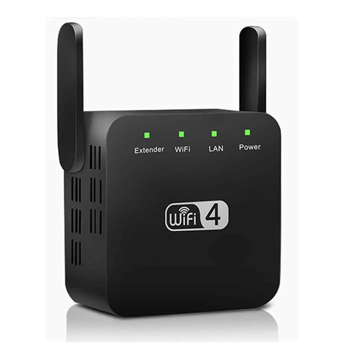 Schwarzer WLAN-Extender mit zwei Antennen. Es hat grüne Lichter für Extender, WiFi, LAN und Power. Es hat ein 'WiFi 4'-Logo.