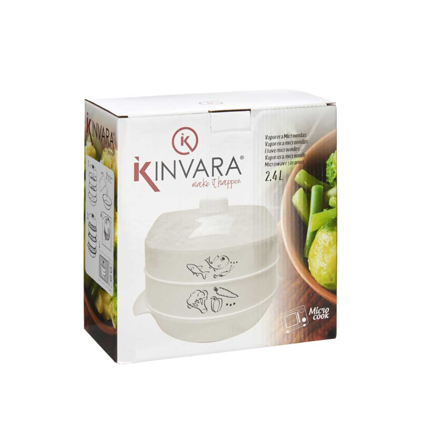 Eine Mikrowellen-Dampfgarer-Box von Kinvara ist abgebildet. Die Box ist weiß, mit Text und Bildern. Daneben eine Schüssel mit Gemüse.