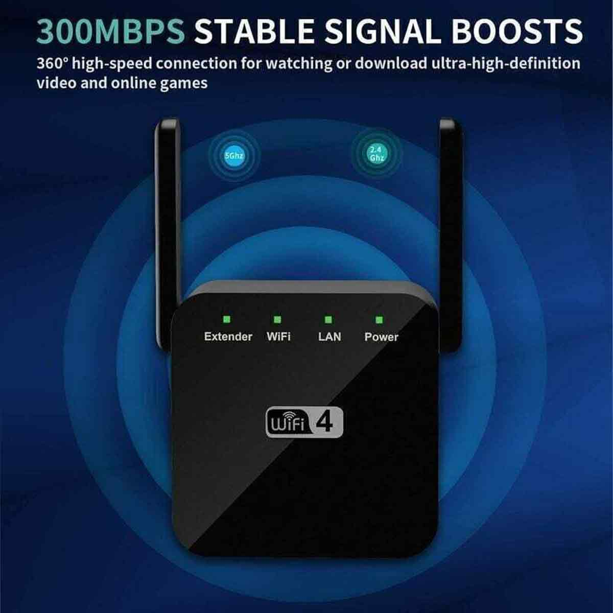 Ein schwarzer WLAN-Extender mit Antennen. Text lautet: 300MBPS STABLE SIGNAL BOOSTS, WiFi 4 und Extender, WiFi, LAN, Power-Anzeigen.