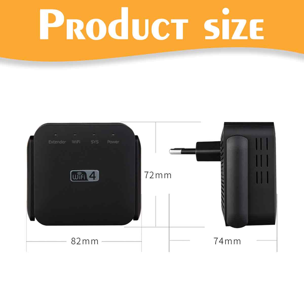 Schwarzer WLAN-Extender und Stecker, Größenangaben. Text "Produktgröße" oben. Extender-Abmessungen: 82x72mm, Stecker: 74x72mm.