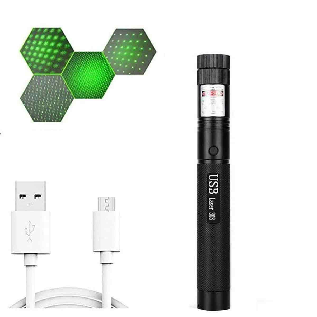 Ein schwarzer USB-Laserpointer und zwei USB-Kabel auf weißem Hintergrund. Grüne Lasermuster oben links.