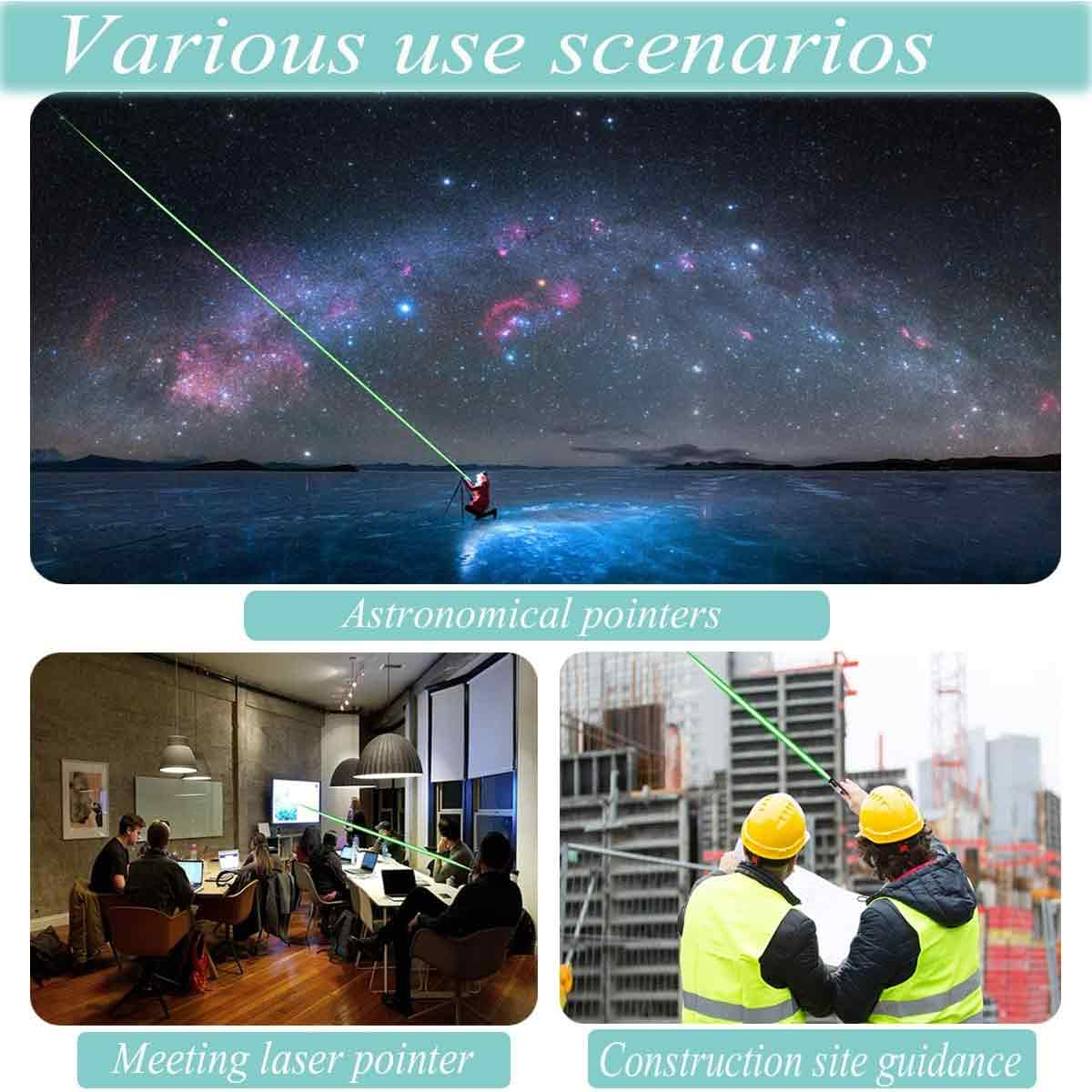 Das Bild zeigt die Verwendung eines Laserpointers: astronomische Ausrichtung, Zeiger für Besprechungen und Bauanleitung. Enthält Nachthimmel, Besprechungsraum und Baustelle.