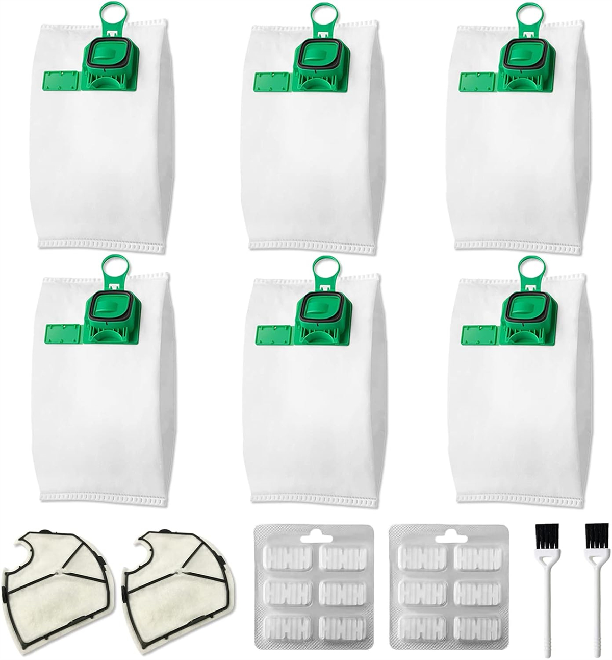 Staubsaugerbeutel und Filter. Sechs weiße Beutel mit grünen Deckeln, zwei Filter, zwei Filterpackungen und zwei kleine Bürsten.