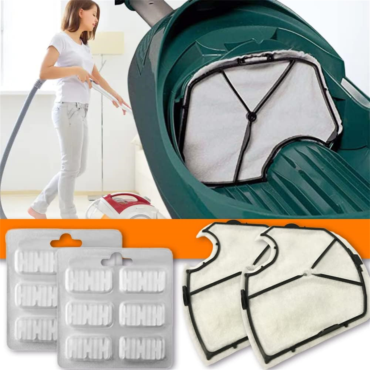 Frau saugt, Staubsaugerfilter, Ersatzfilter und Blisterpackungen mit Reinigungstabletten. Das Bild ist eine Werbung.