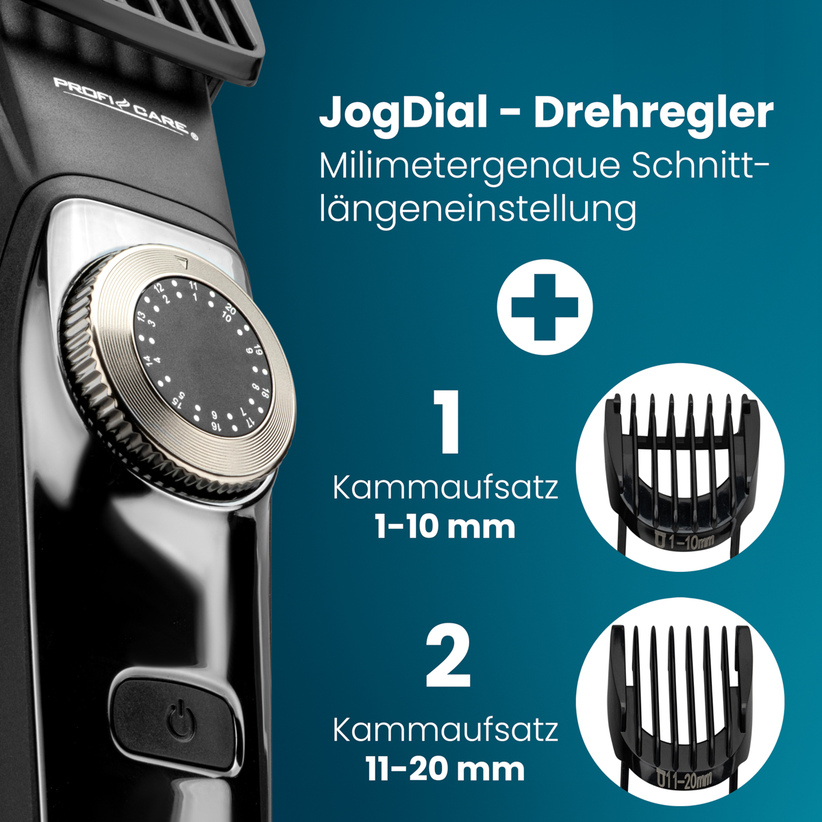Ein schwarzer und silberner Bartschneider mit einem Drehregler und zwei Aufsätzen. Text lautet 'JogDial' und '1-10 mm' und '11-20 mm'.